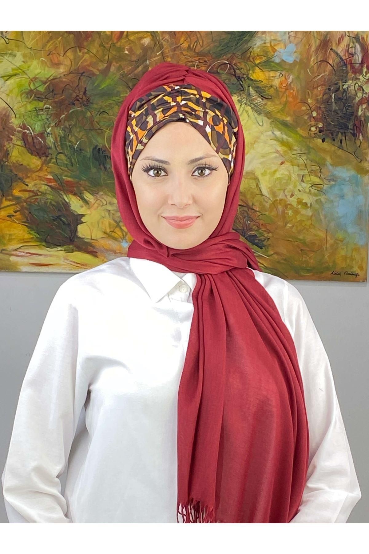 Geometrik Desenli Bordo Büzgülü Hazır Şal