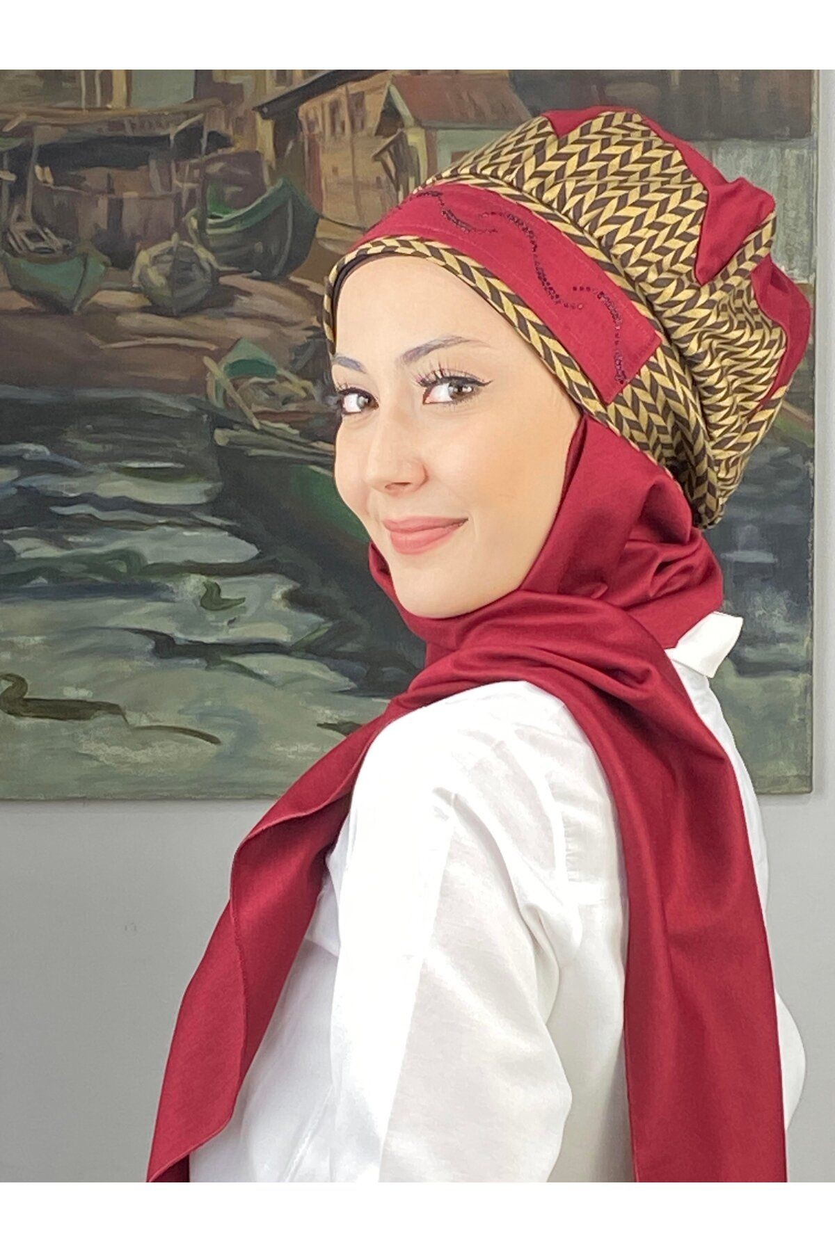 Çarkıfelek Model Taşlı Kemerli Buğday Desen Bordo Atkılı Bere