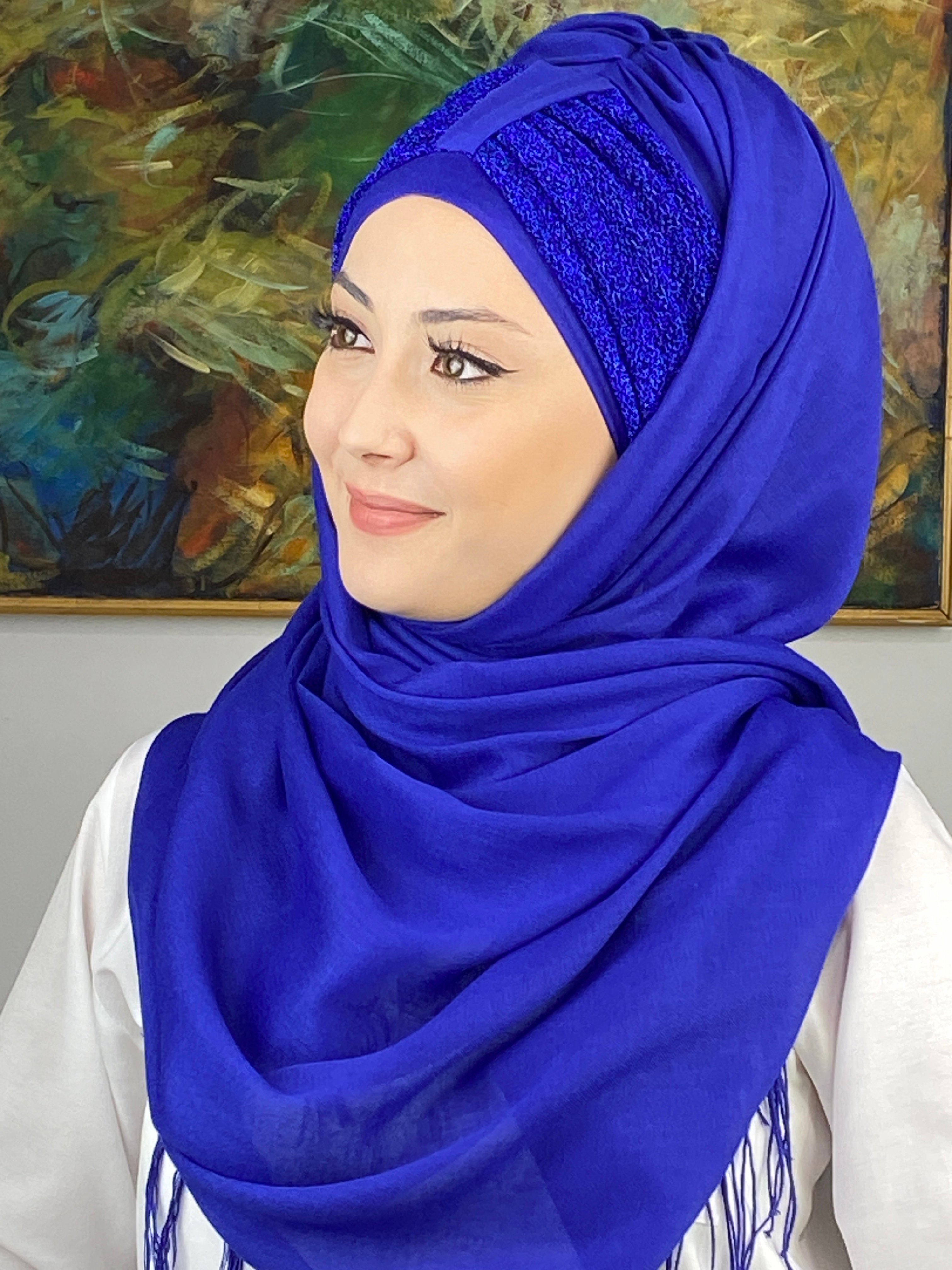 Tek Birirtli Büzgülü Hazır Türban Saks Mavisi Şal
