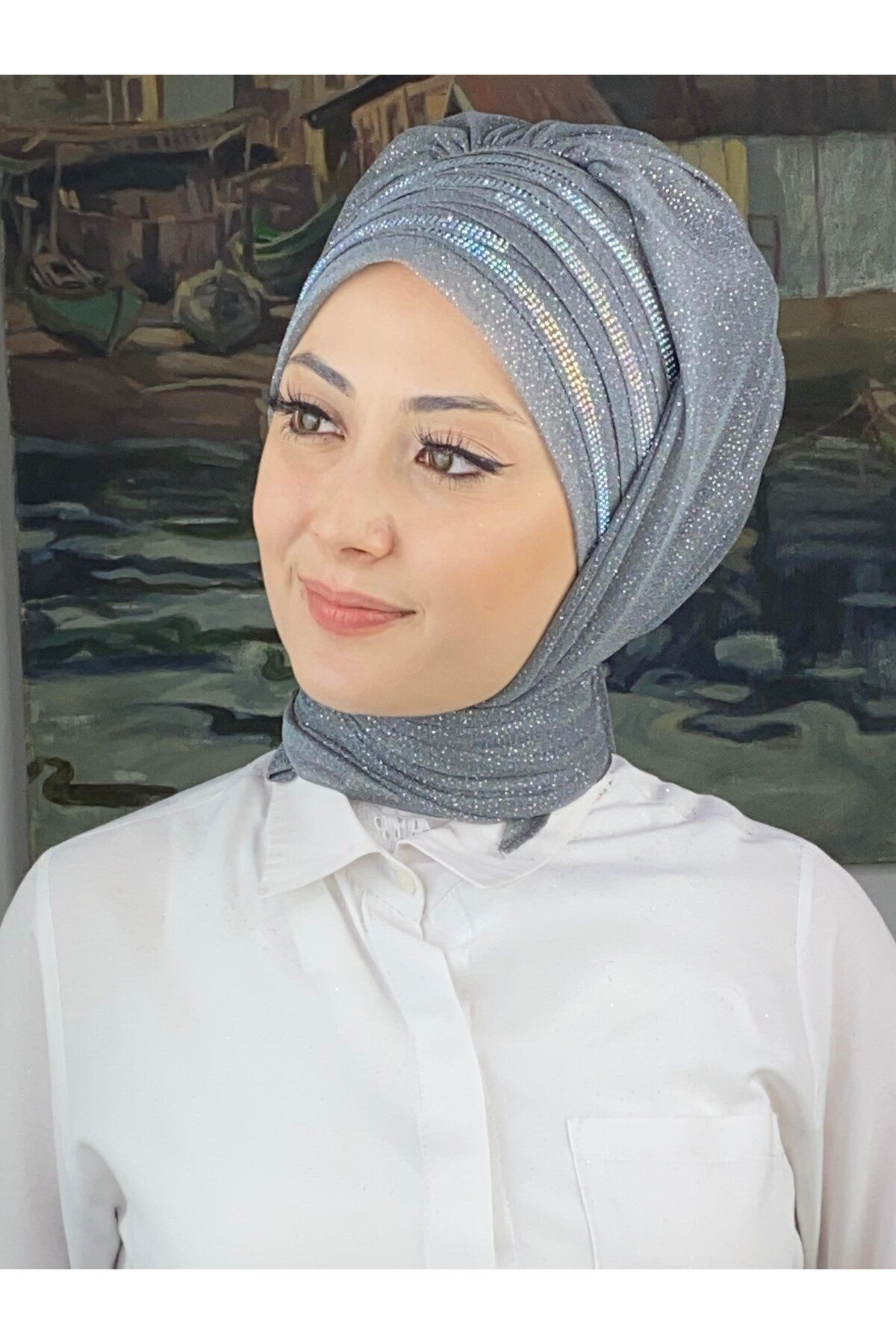 Lüks Topkapı Model Taşlı Simli Kısa Abiye Koyu Gri Hazır Şal
