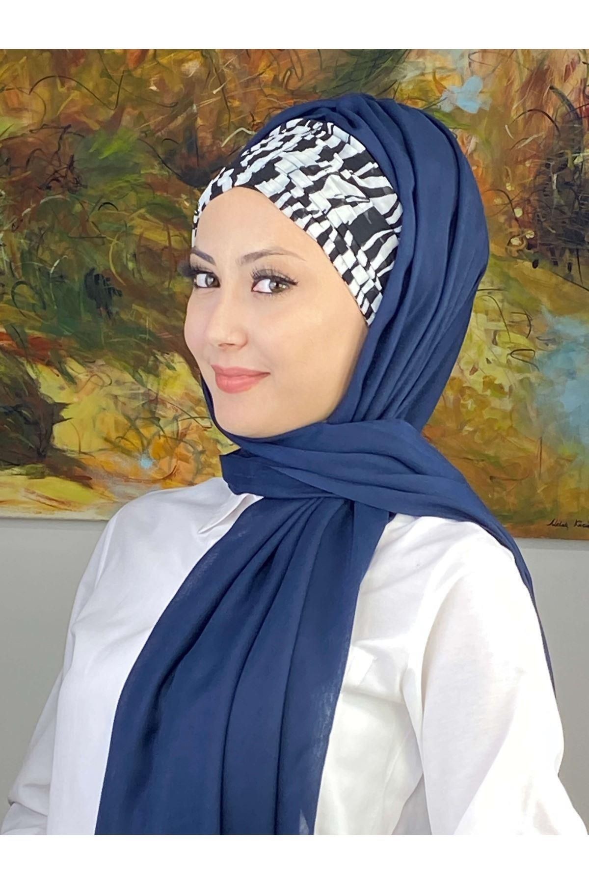 Zebra Desenli Lacivert Büzgülü Hazır Şal