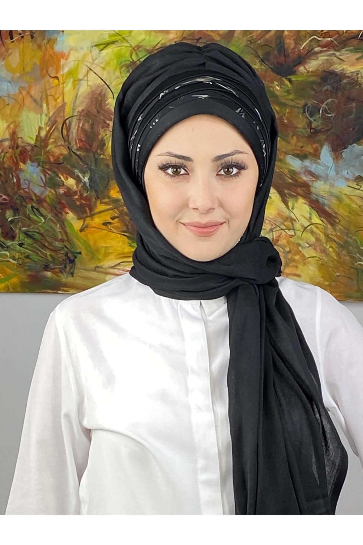 Topkapı Model Çapraz Drapeli Şifon Şeritli Desen Hazır Şal