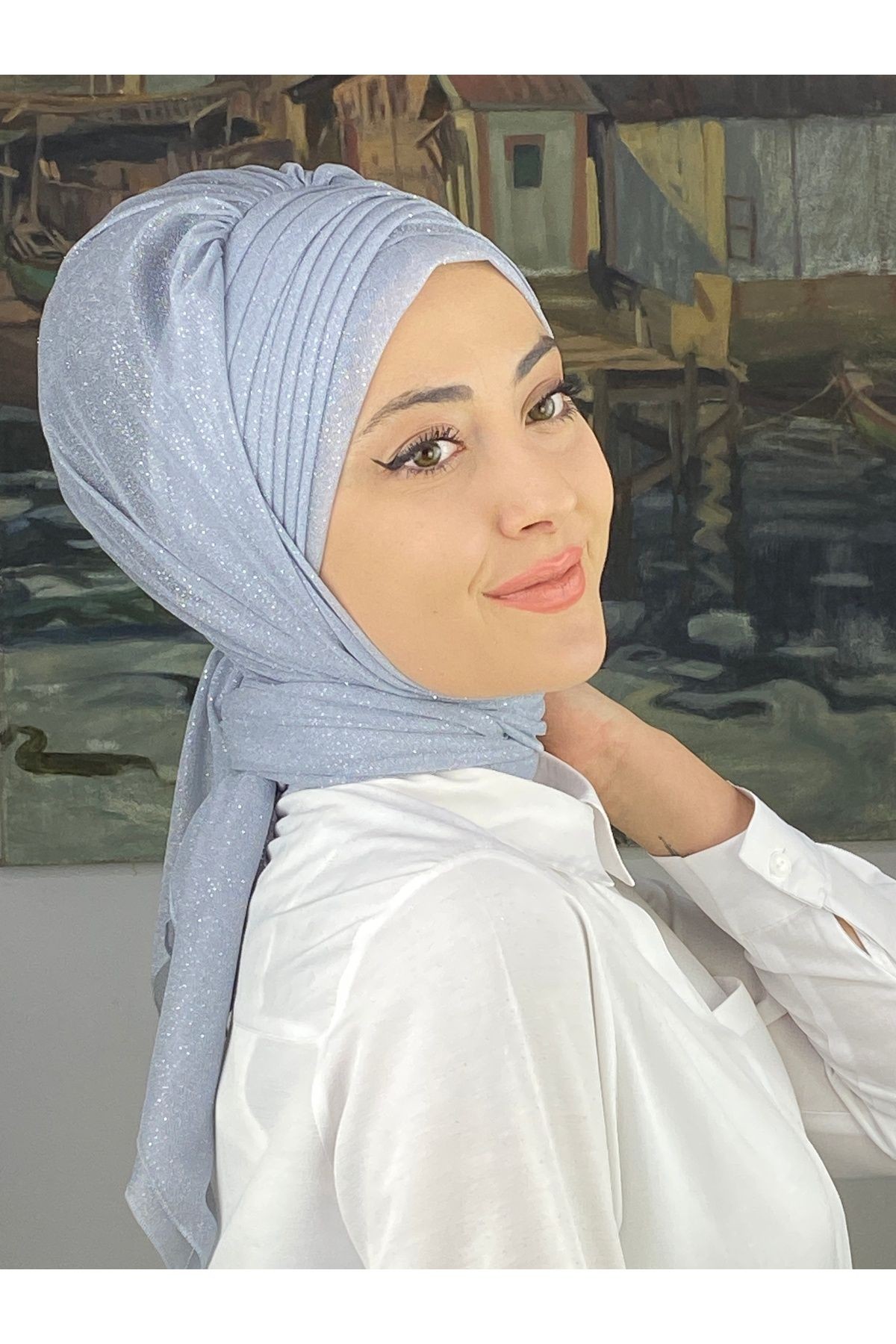 Gümüş Taşlı Drape Detaylı Simli Şal