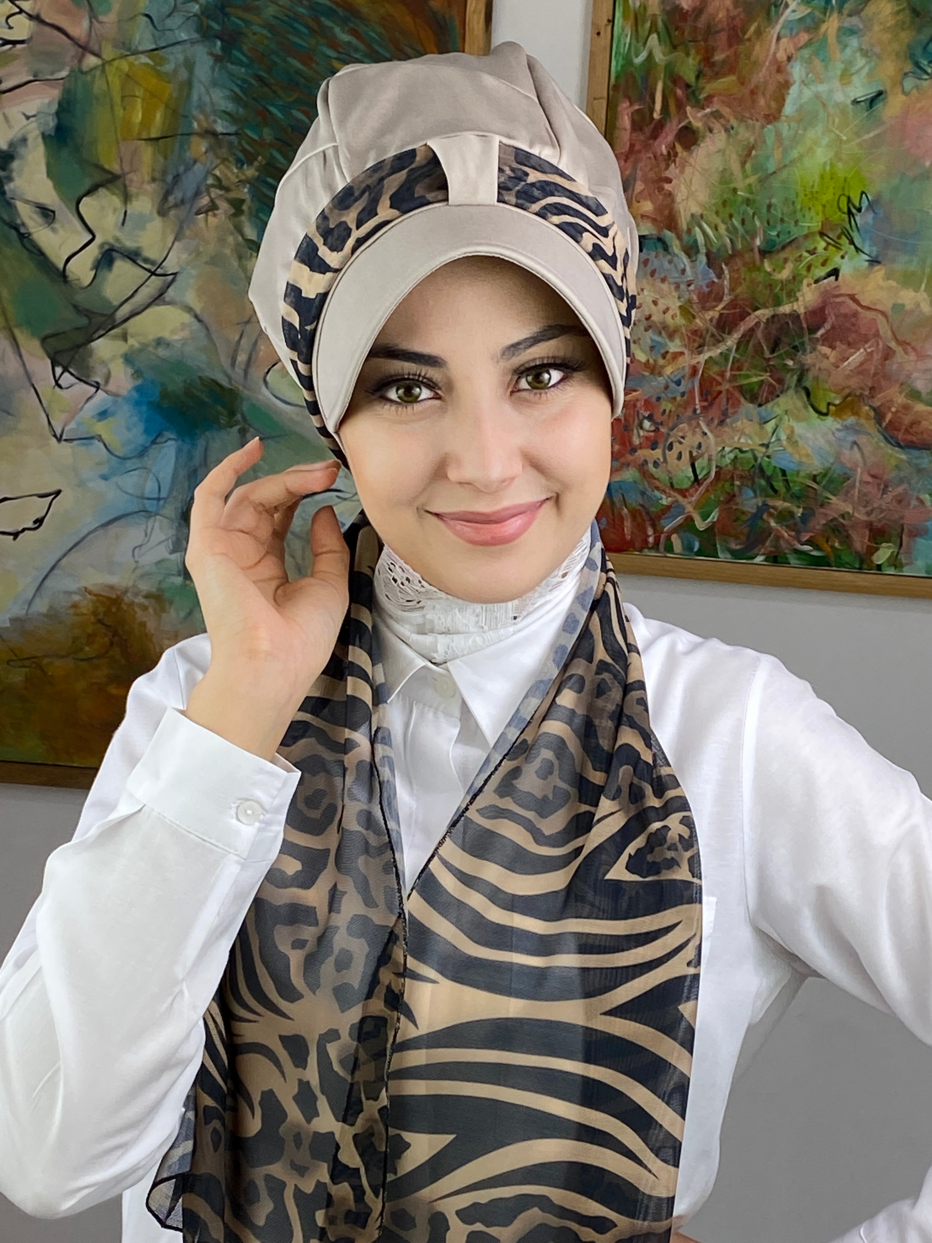 Tek Biritli Atkılı Şapka - taş rengi - leopar