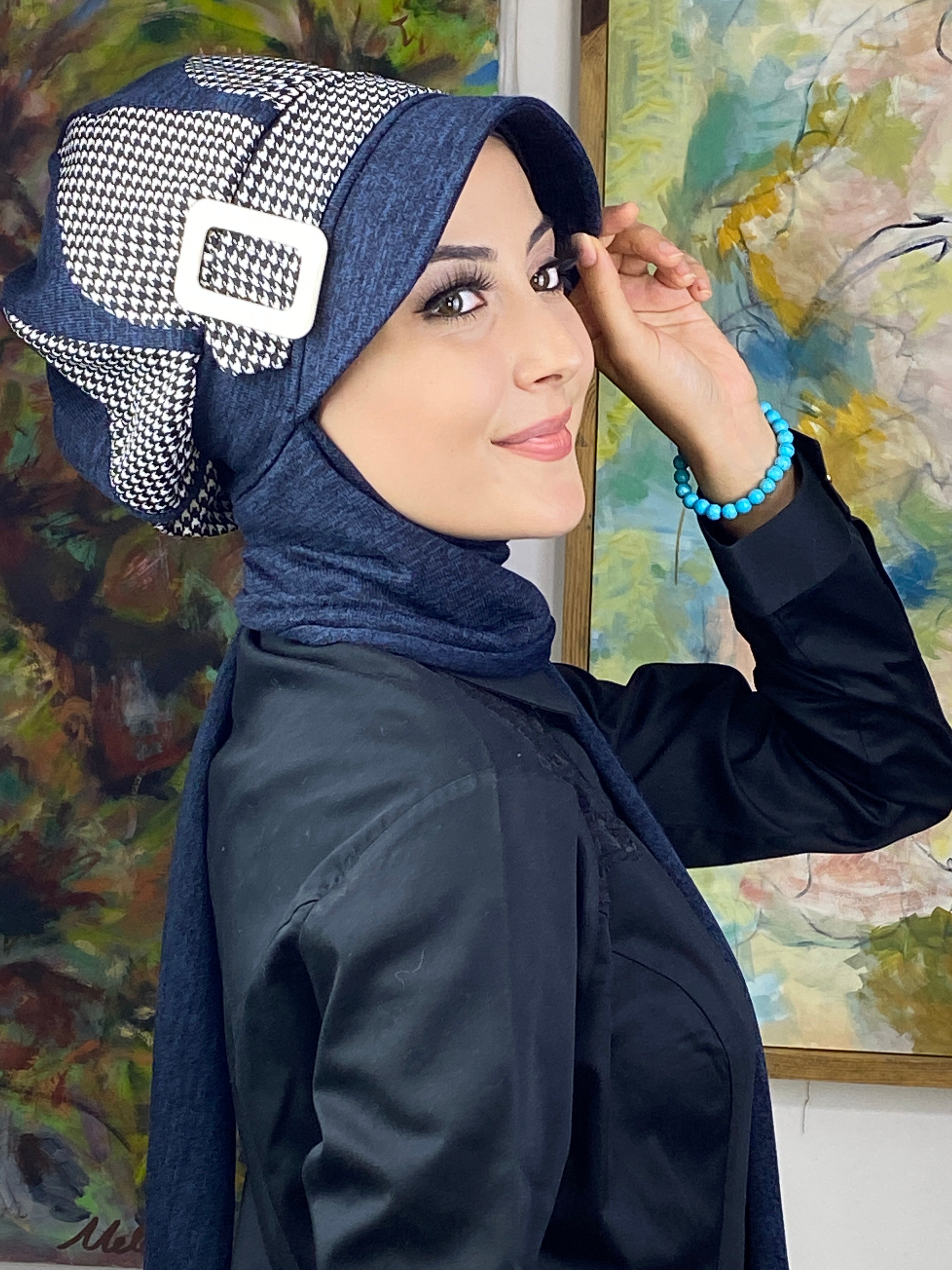 Damla Model Kazayağı Desenli Tesettür Şapka Şal