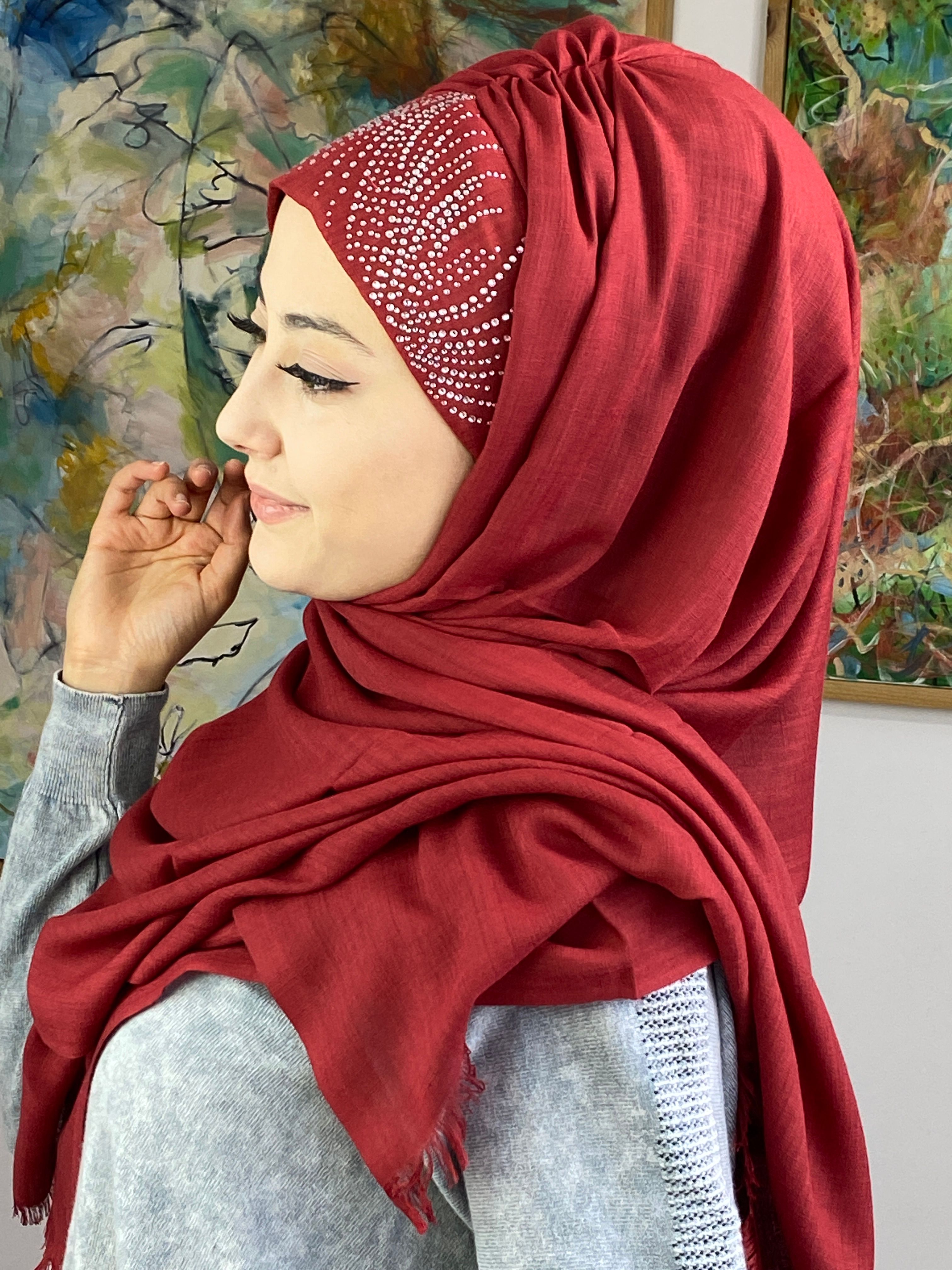 İhtişamlı Taşlı Model Şal - koyu bordo