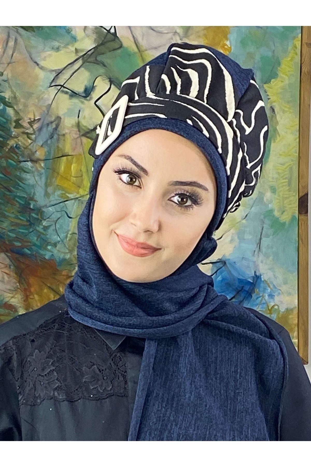 Çarkıfelek Lacivert Triko Zebra Desen Atkılı Tesettür Bere