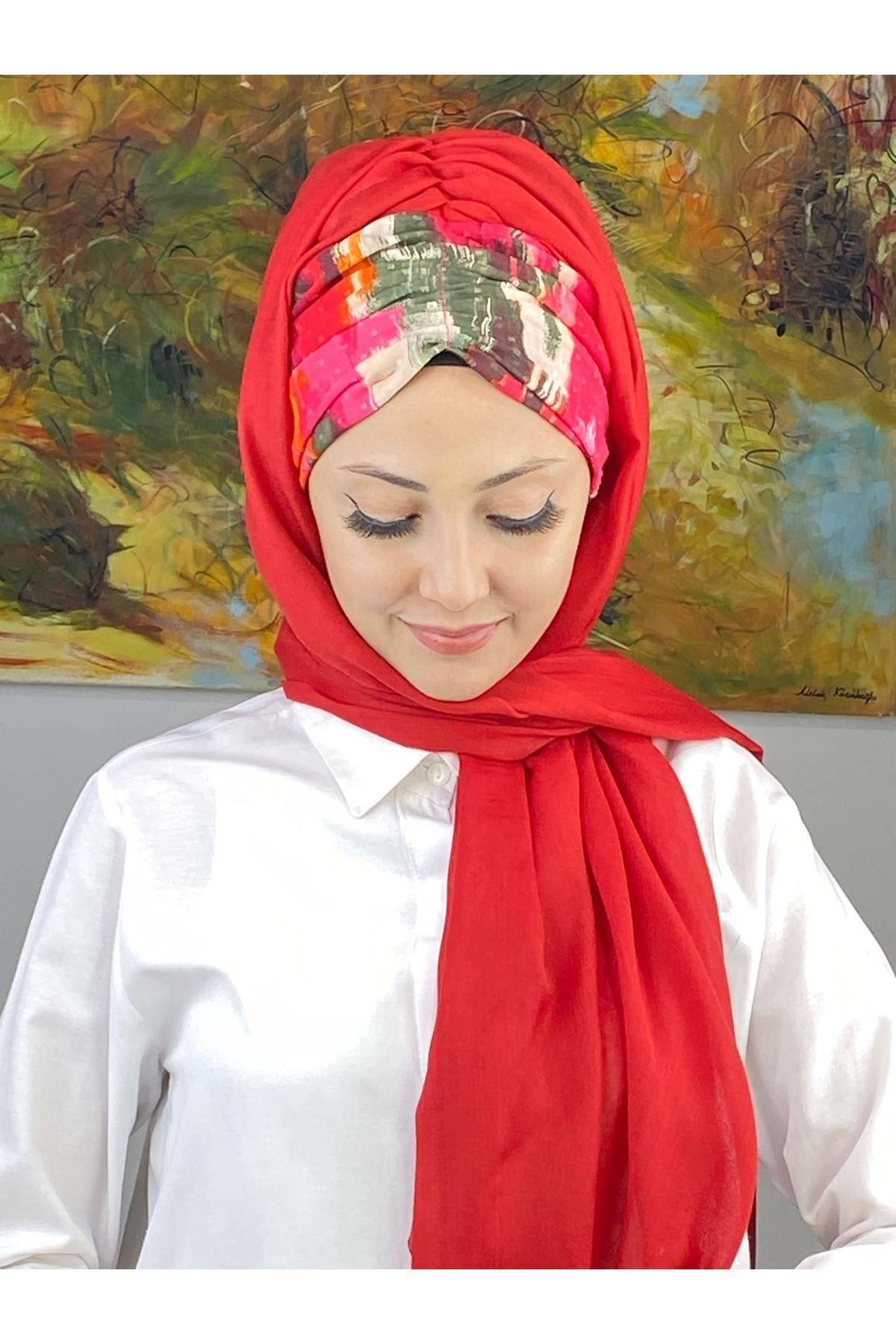 Çok Renkli Retro Desenli Kırmızı Büzgülü Hazır Şal