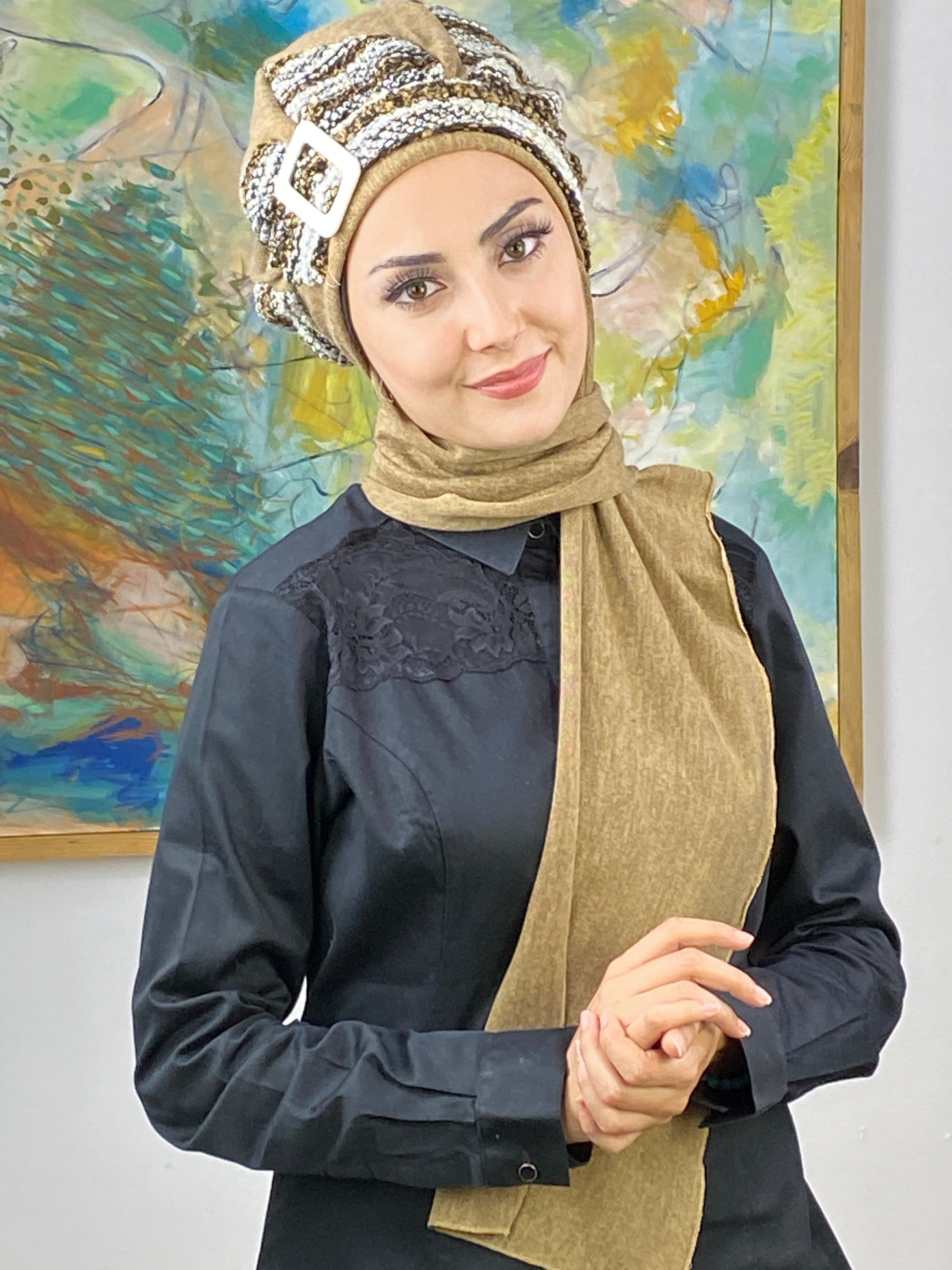  Çizgili Haroşalı Triko Tesettür Bere - kimyon rengi