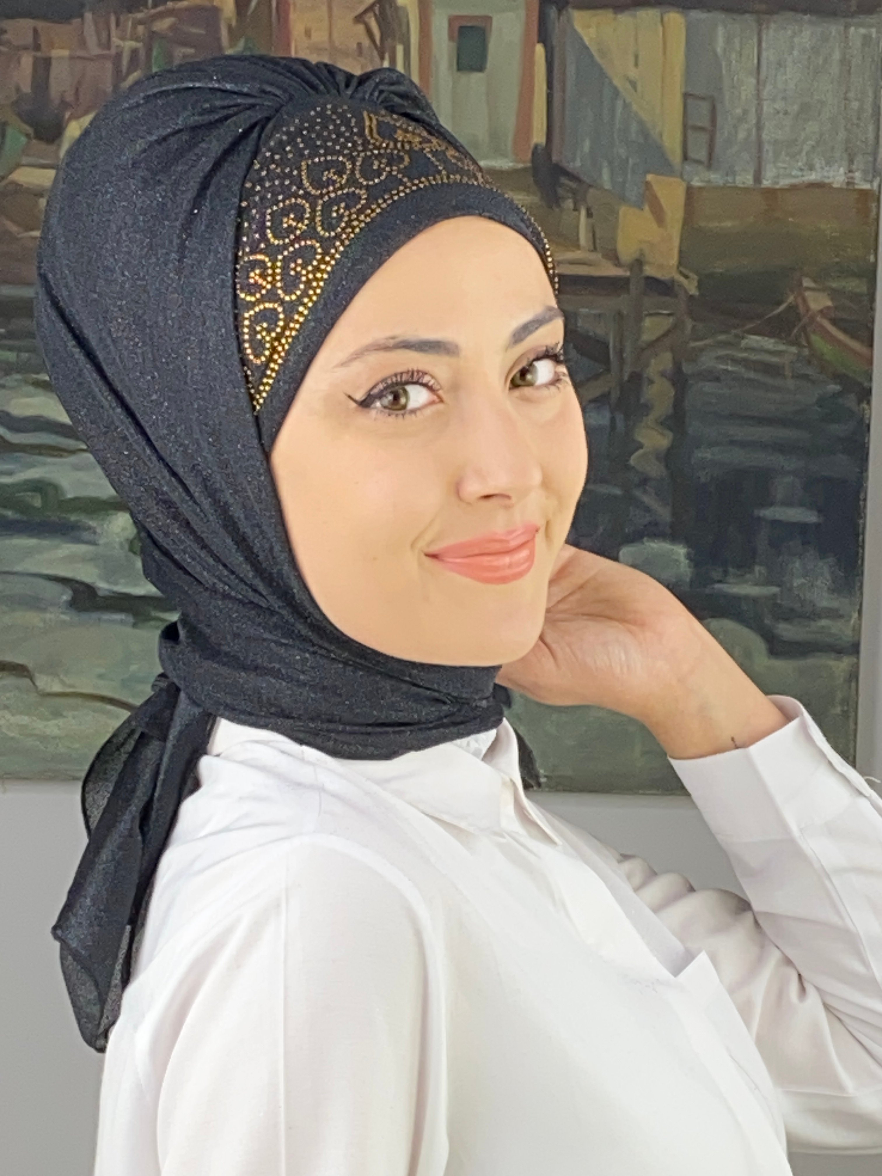 Prenses Model Gold Taşlı Simli Şifon Hazır Şal