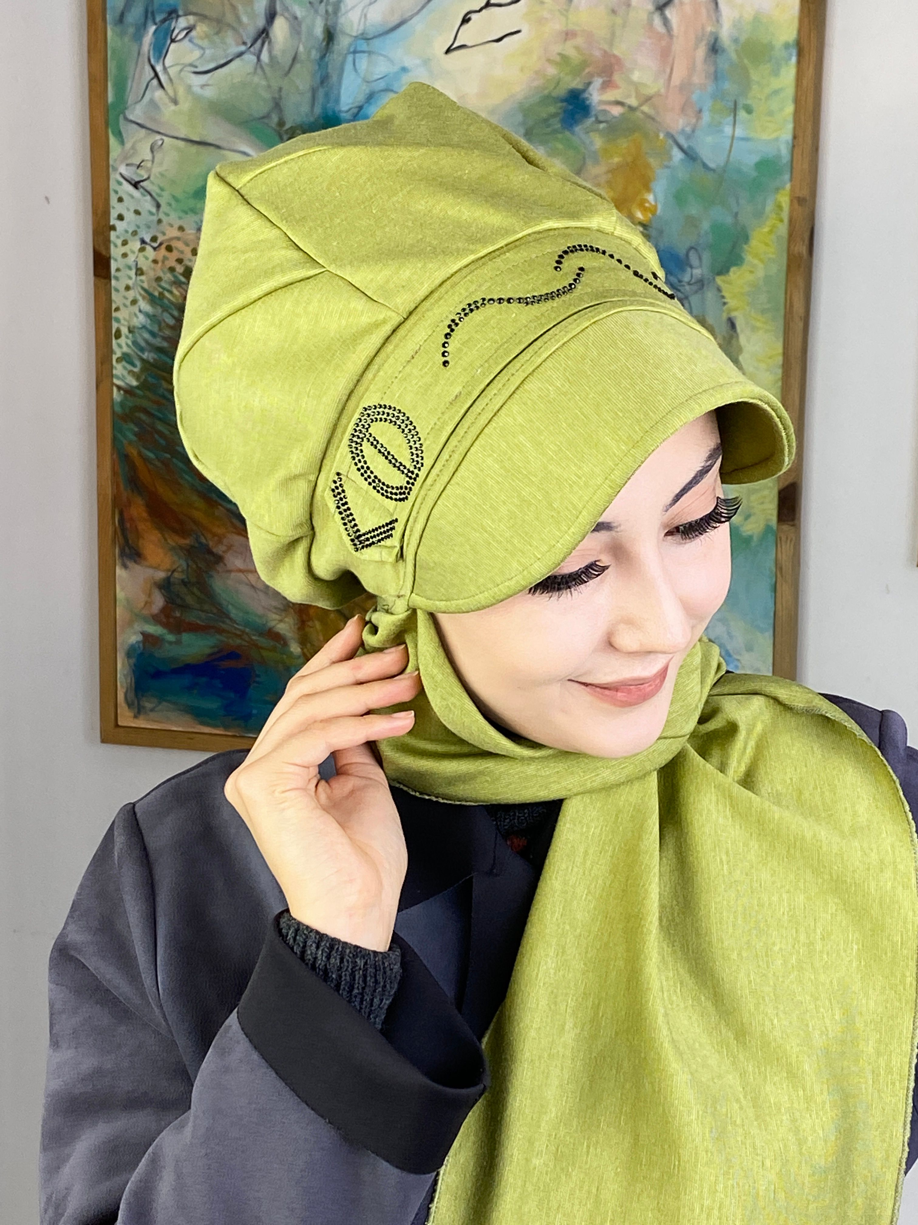 Taş Detaylı Şapka Şal - fıstık - yeşili