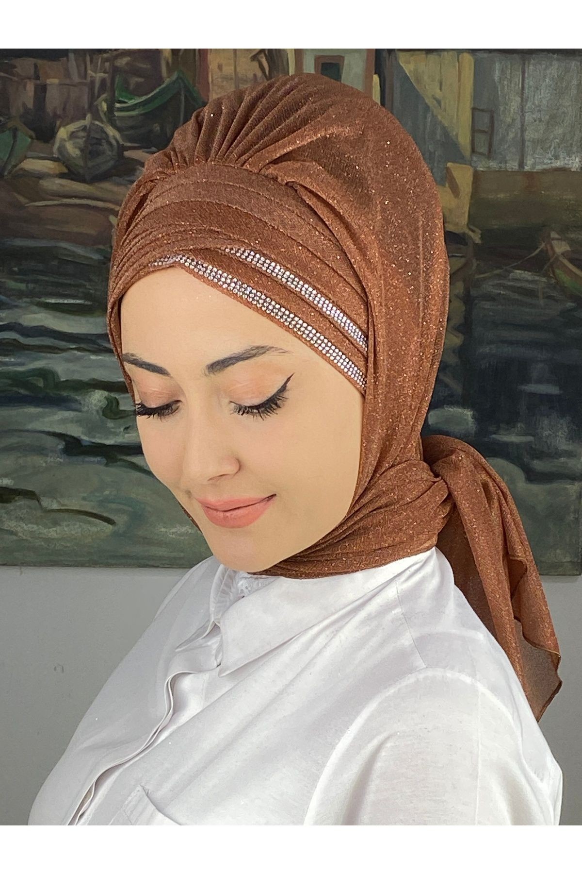 Gümüş Taşlı Drape Detaylı Simli Şal