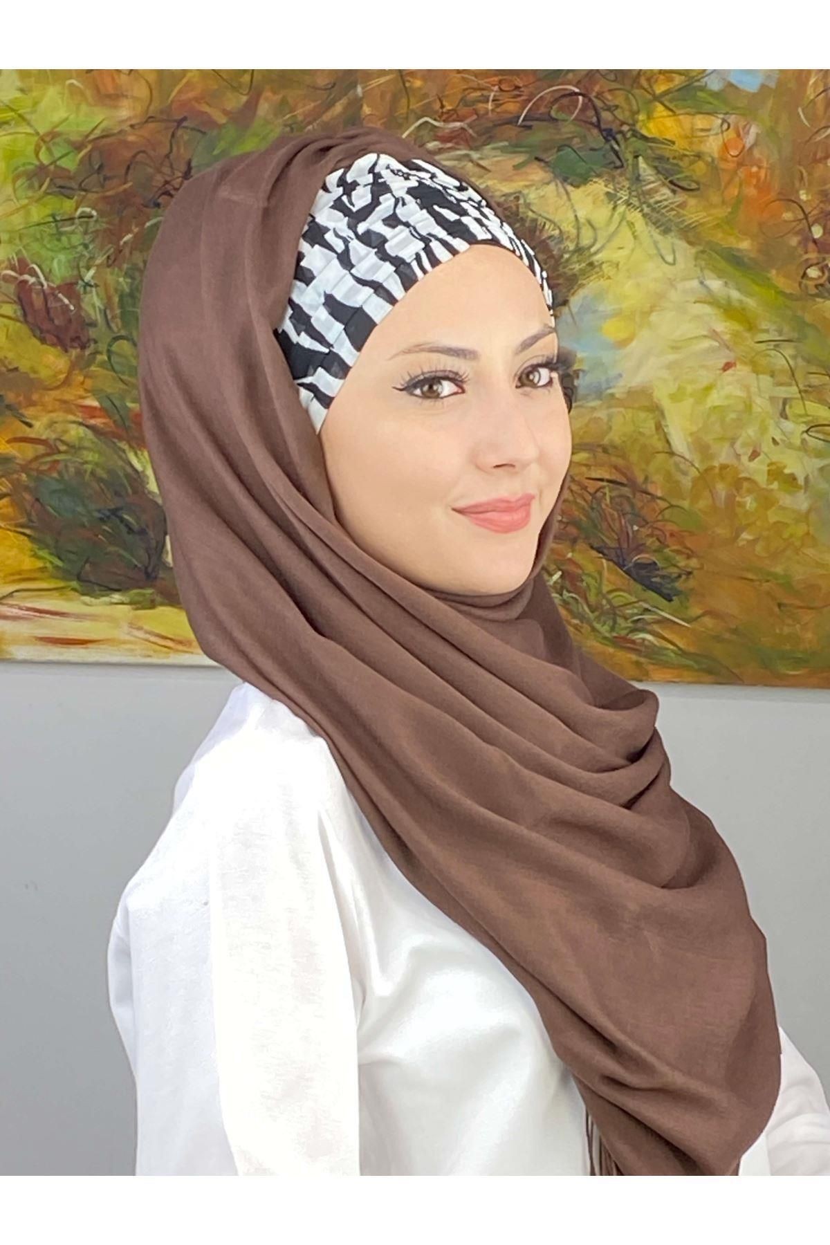 Zebra Desenli Sepya Büzgülü Hazır Şal