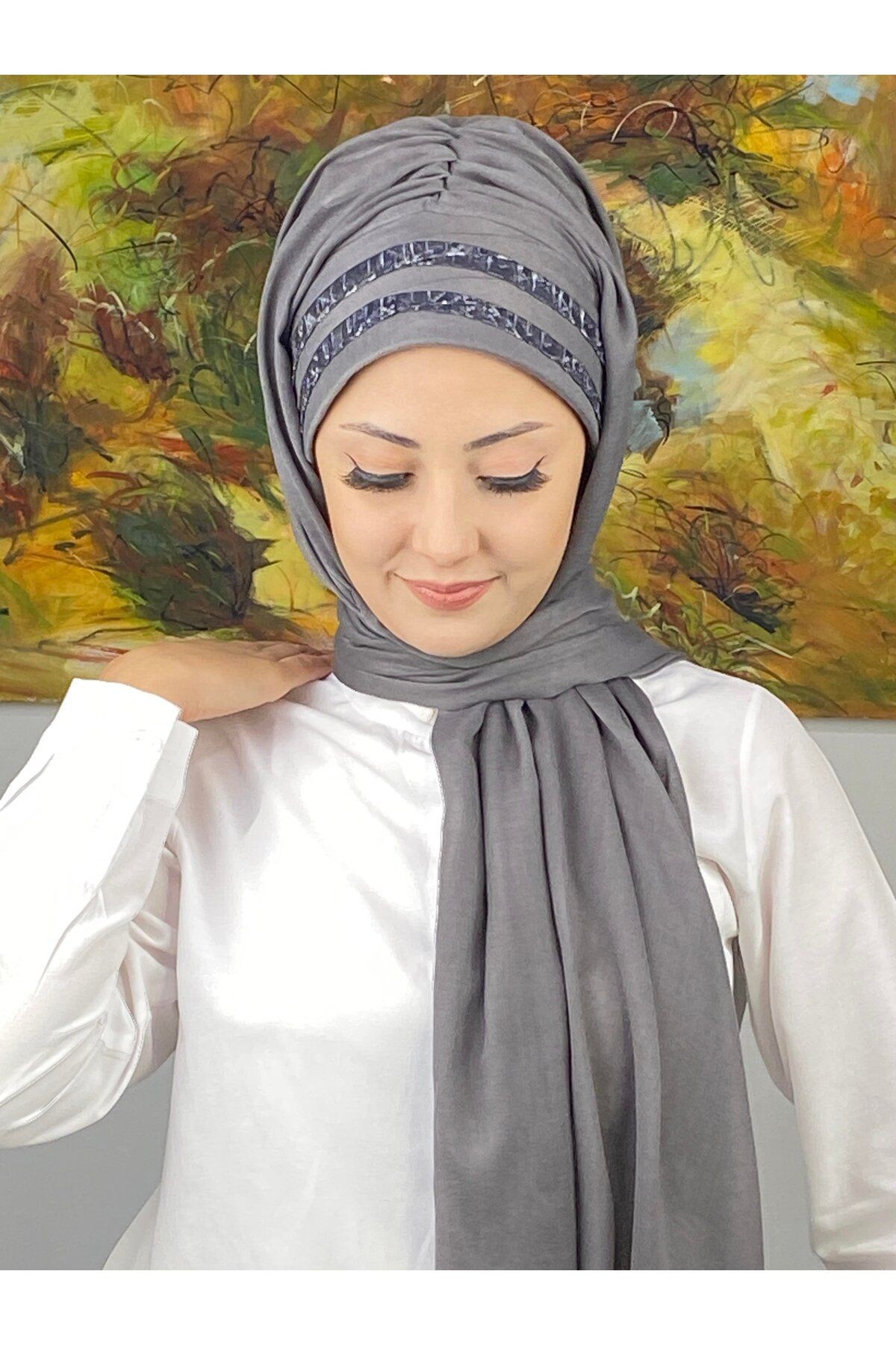 Topkapı Model Gri Soyut Desenli Şeritli Koyu Gri Hazır Şal