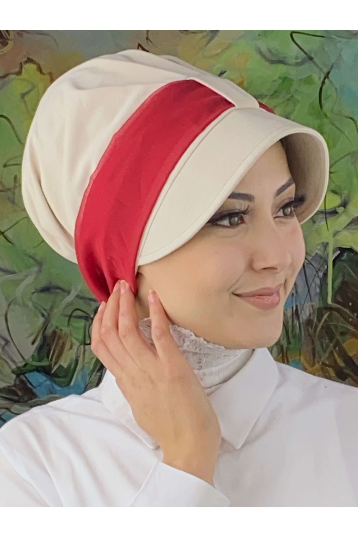 Cırtcırtlı Kırmızı Simli Şifon Fularlı Şapka