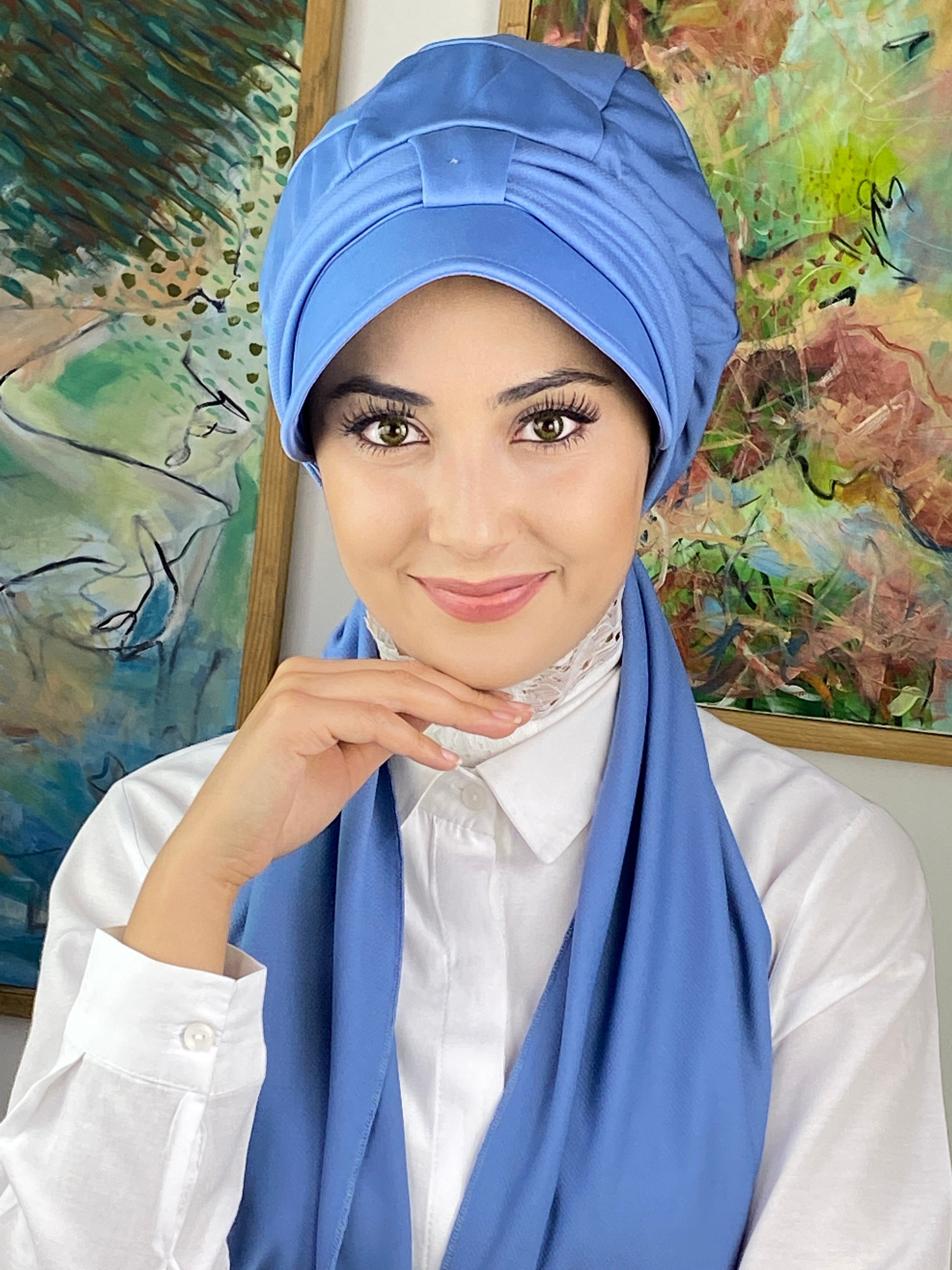 Tek Biritli Fularlı Şapka - mavi