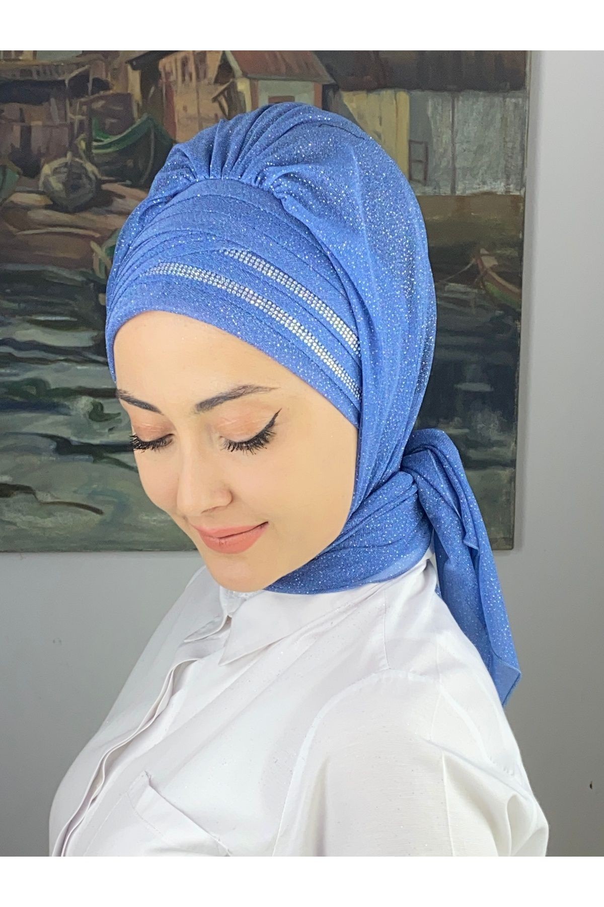 Gümüş Taşlı Drape Detaylı Simli Şal