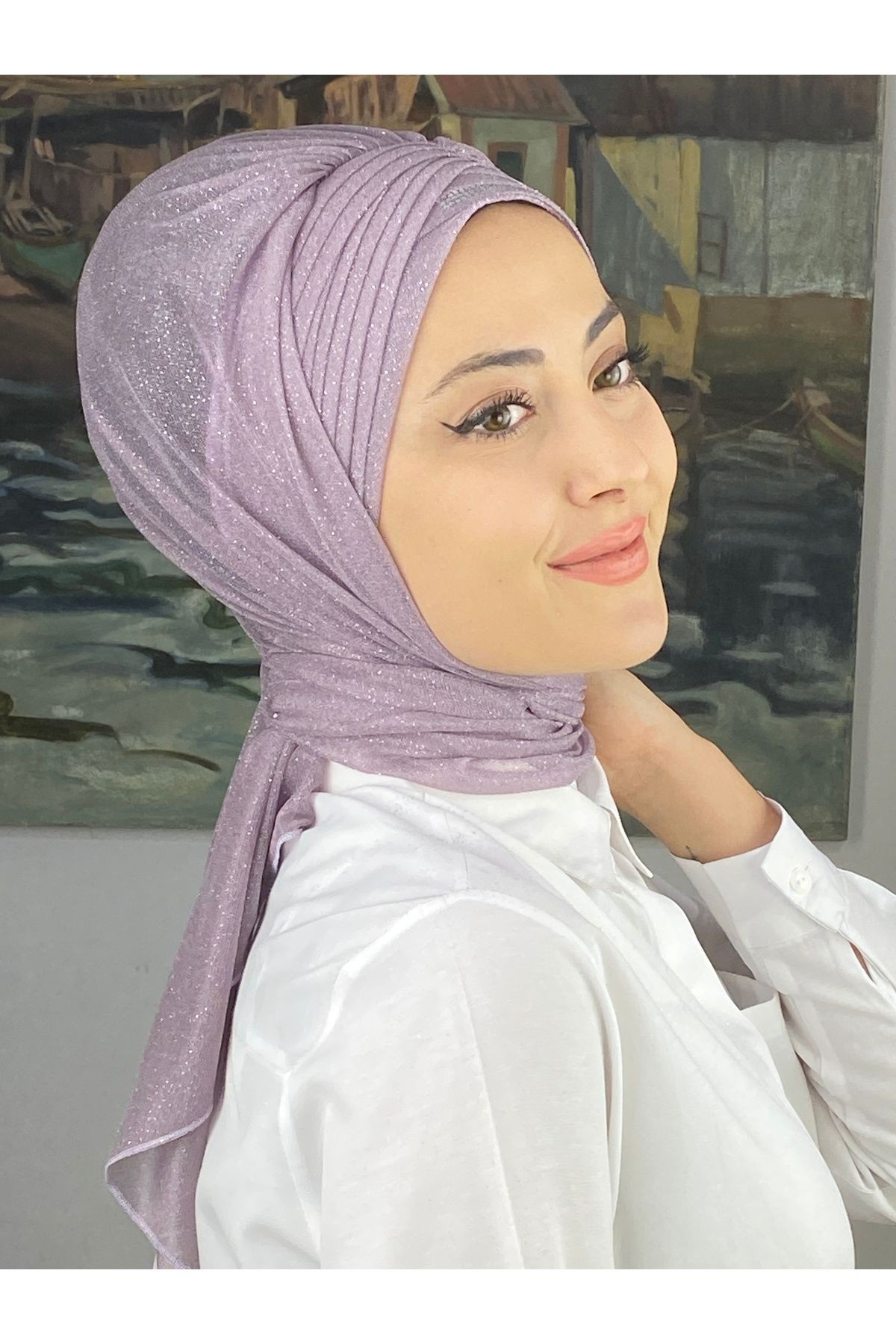 Gümüş Taşlı Drape Detaylı Simli Şal