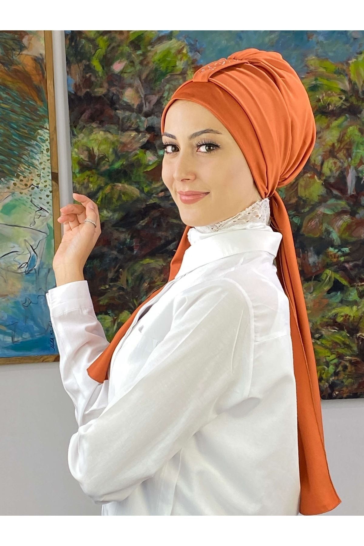 Hürrem Taşlı Tarçın Rengi Bone Şal