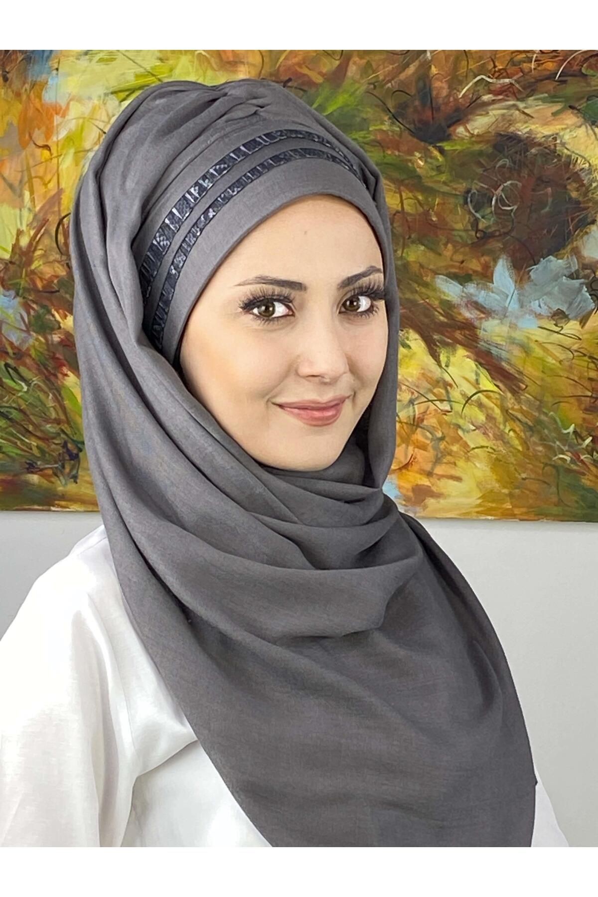 Saray Model Yan Drapeli Füme Şifon Şeritli Hazır Şal