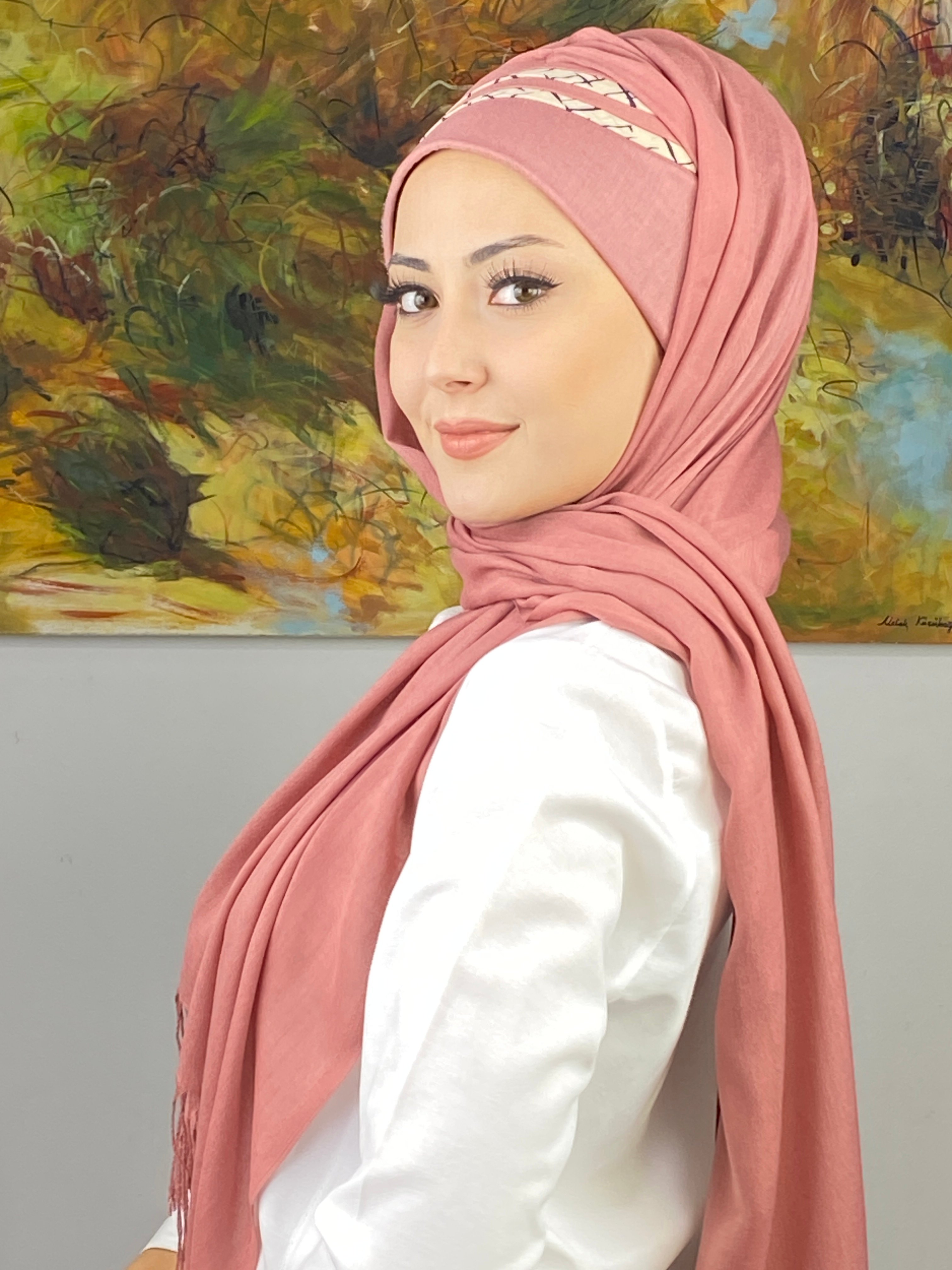  Saray Model Krem Şerit Desenli Hazır Şal