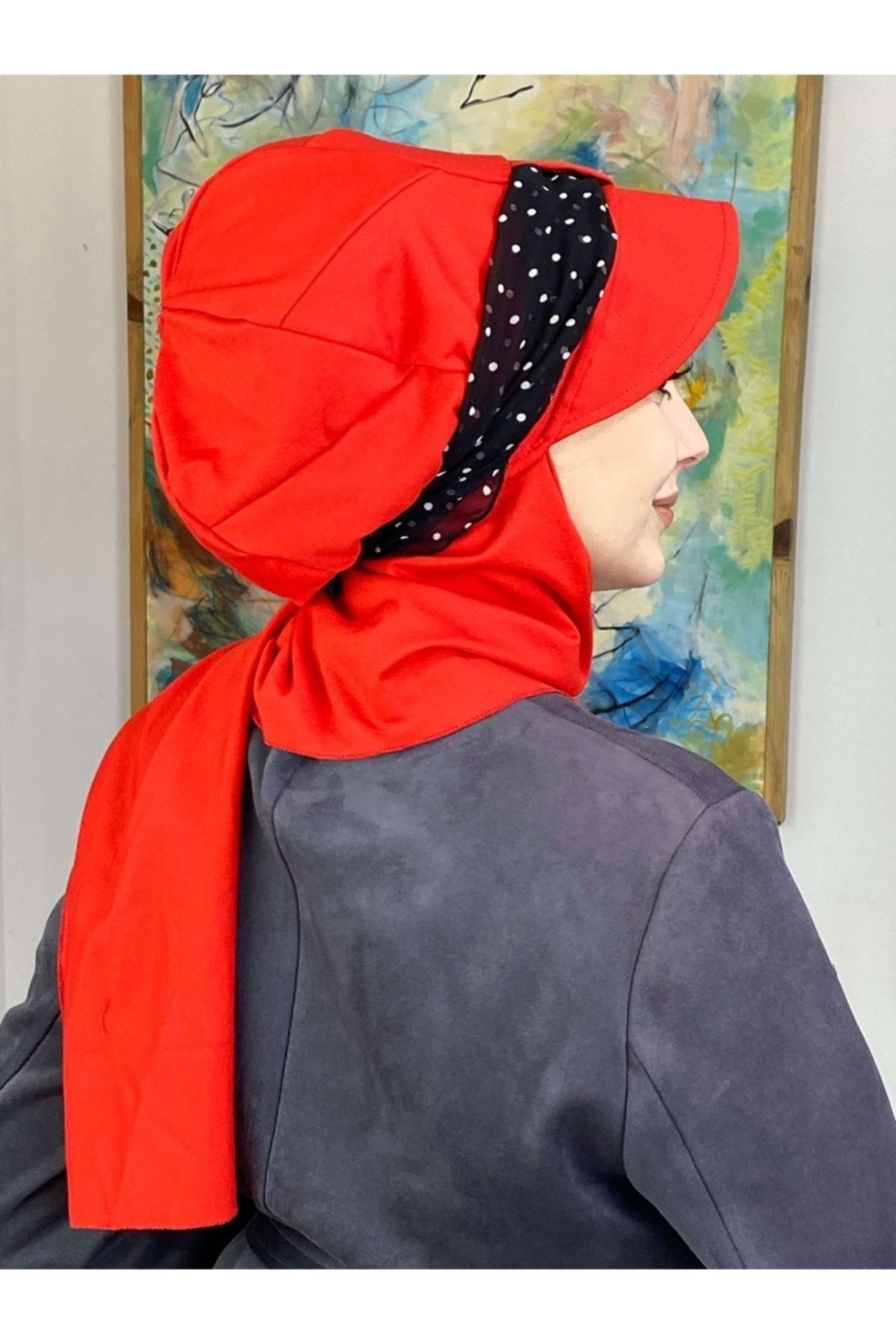 Beyaz Puantiyeli Desenli Cırtcırtlı Fularlı  Nar Çiçeği Atkılı  Tek Biritli Şapka Şal
