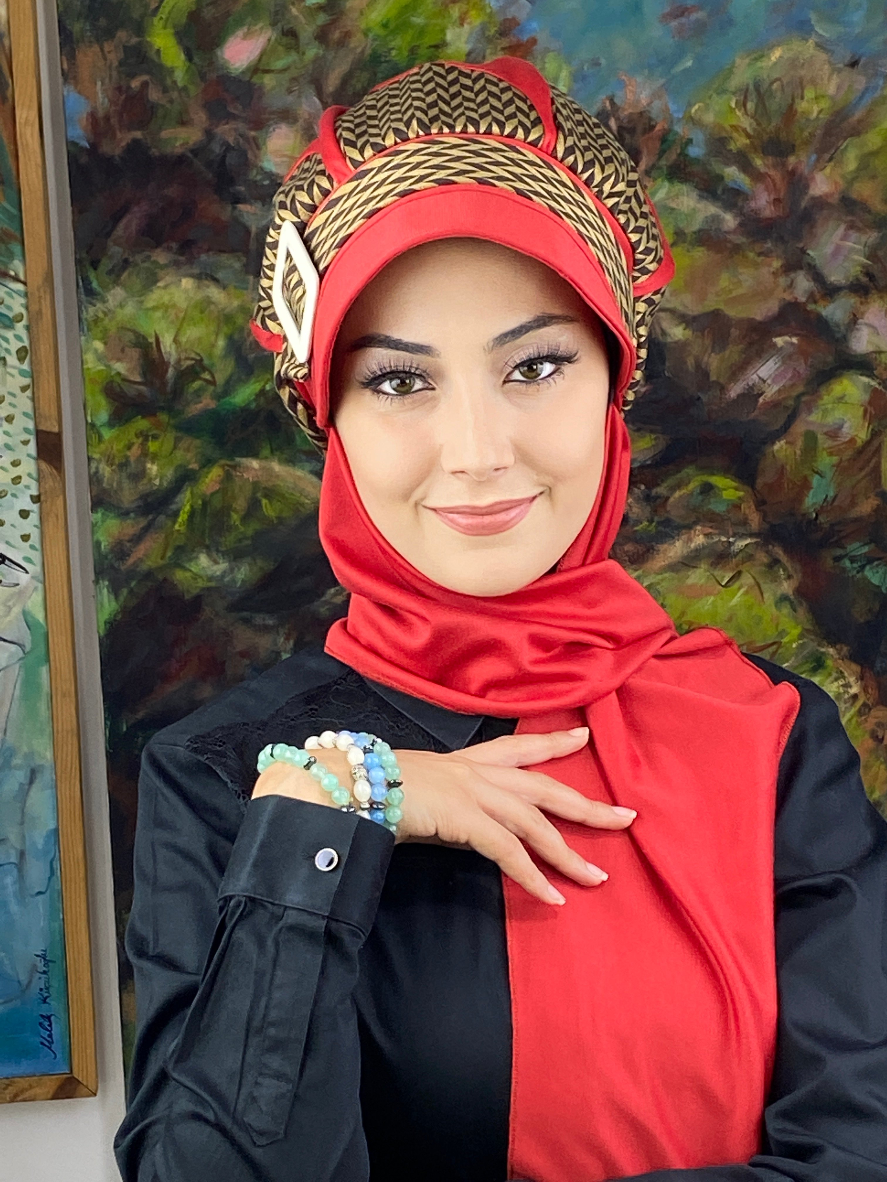 Damlo Model Başak Desenli Tesettür Şapka Şal - Kırmızı--