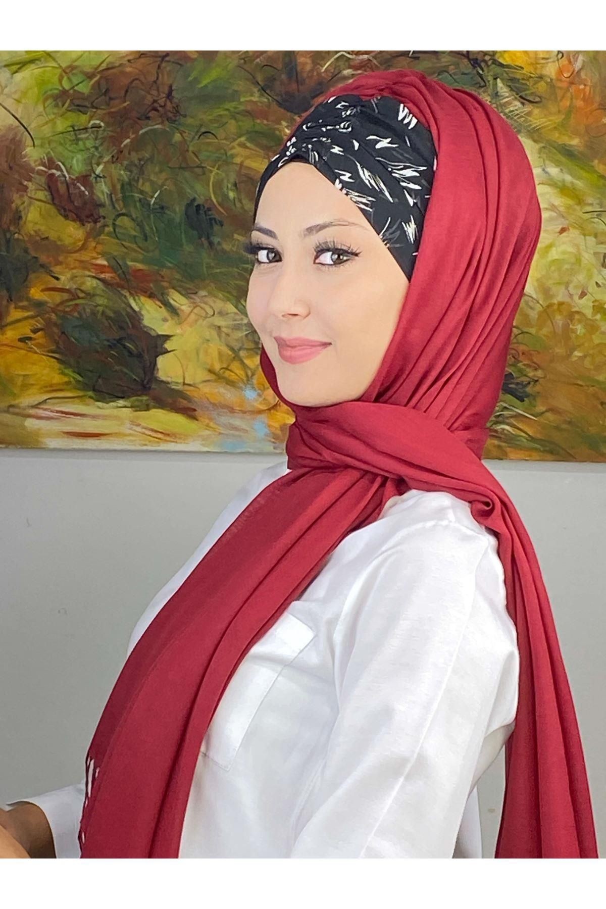 Siyah Beyaz Desenli Bordo Büzgülü Hazır Şal