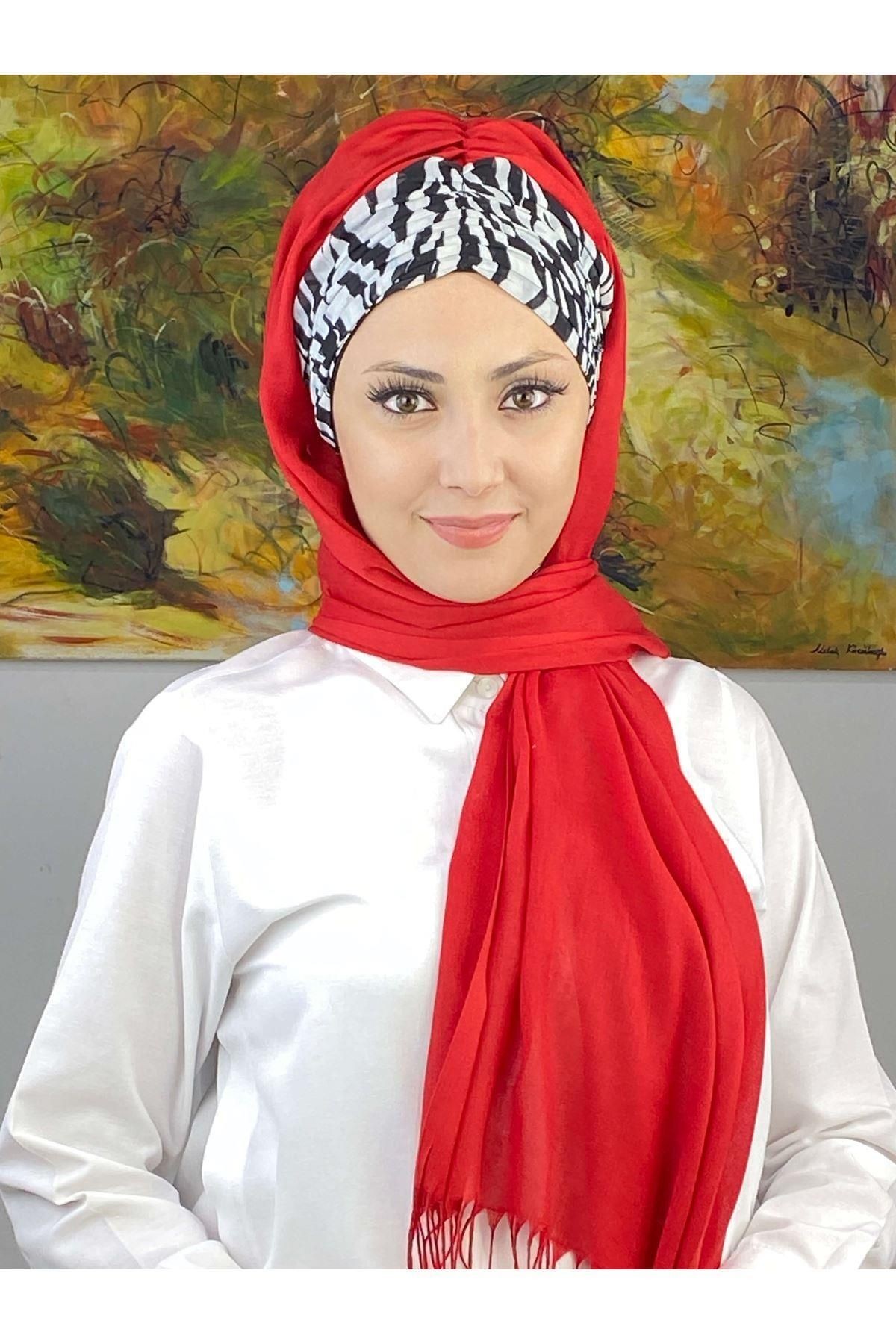 Zebra Desenli Kırmızı Büzgülü Hazır Şal