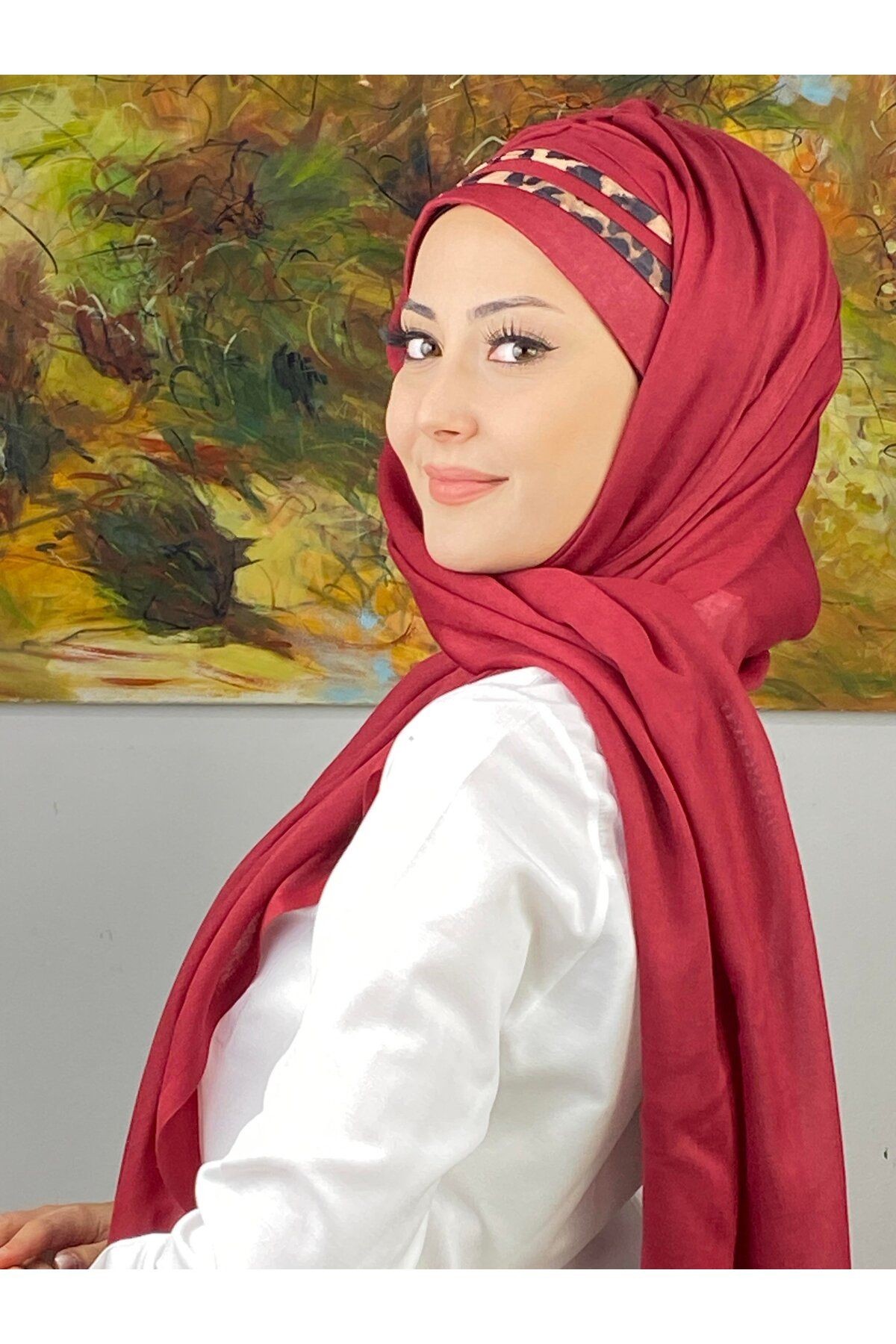 Saray Model Leopar Şerit Desenli Bordo Hazır Şal