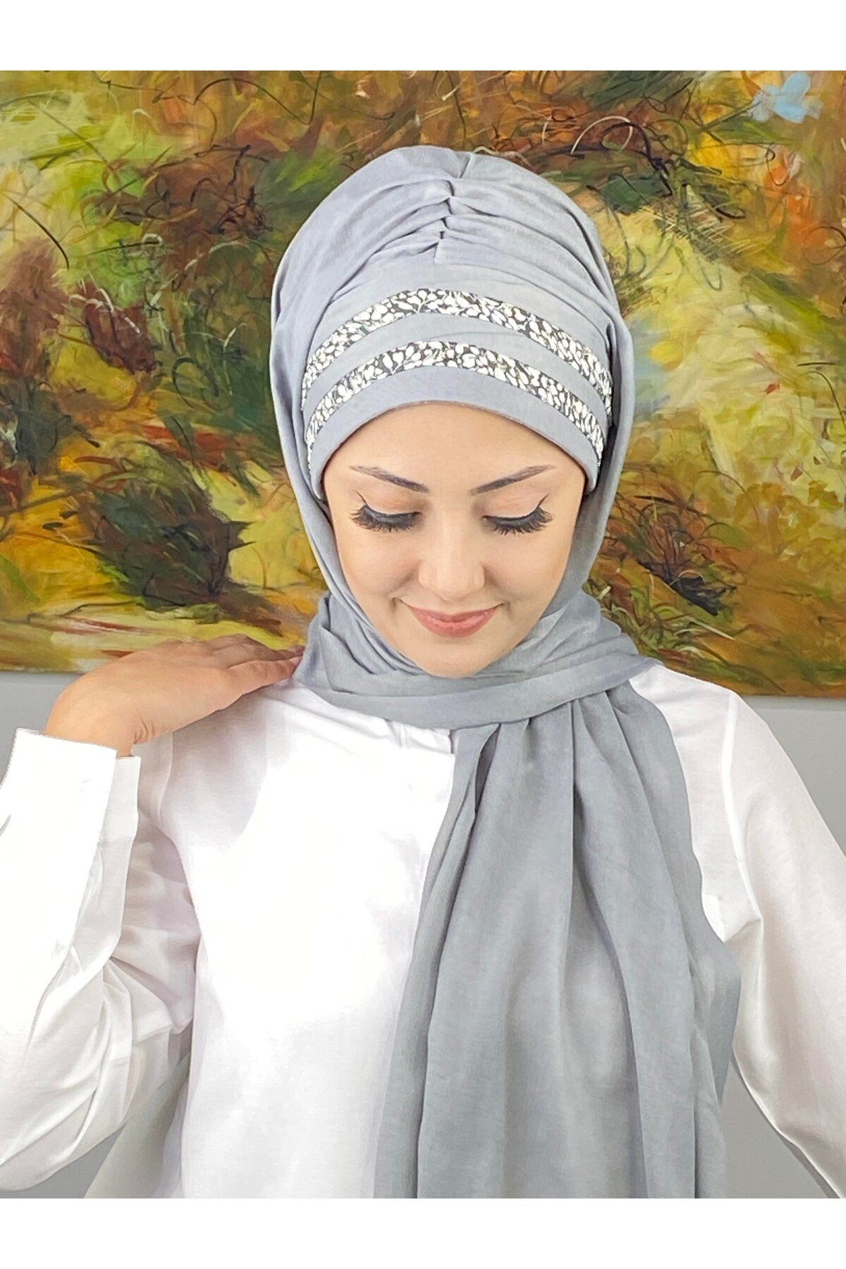 Topkapı Model Minik Çiçekli Desenli Şeritli Açık Gri Hazır Şal