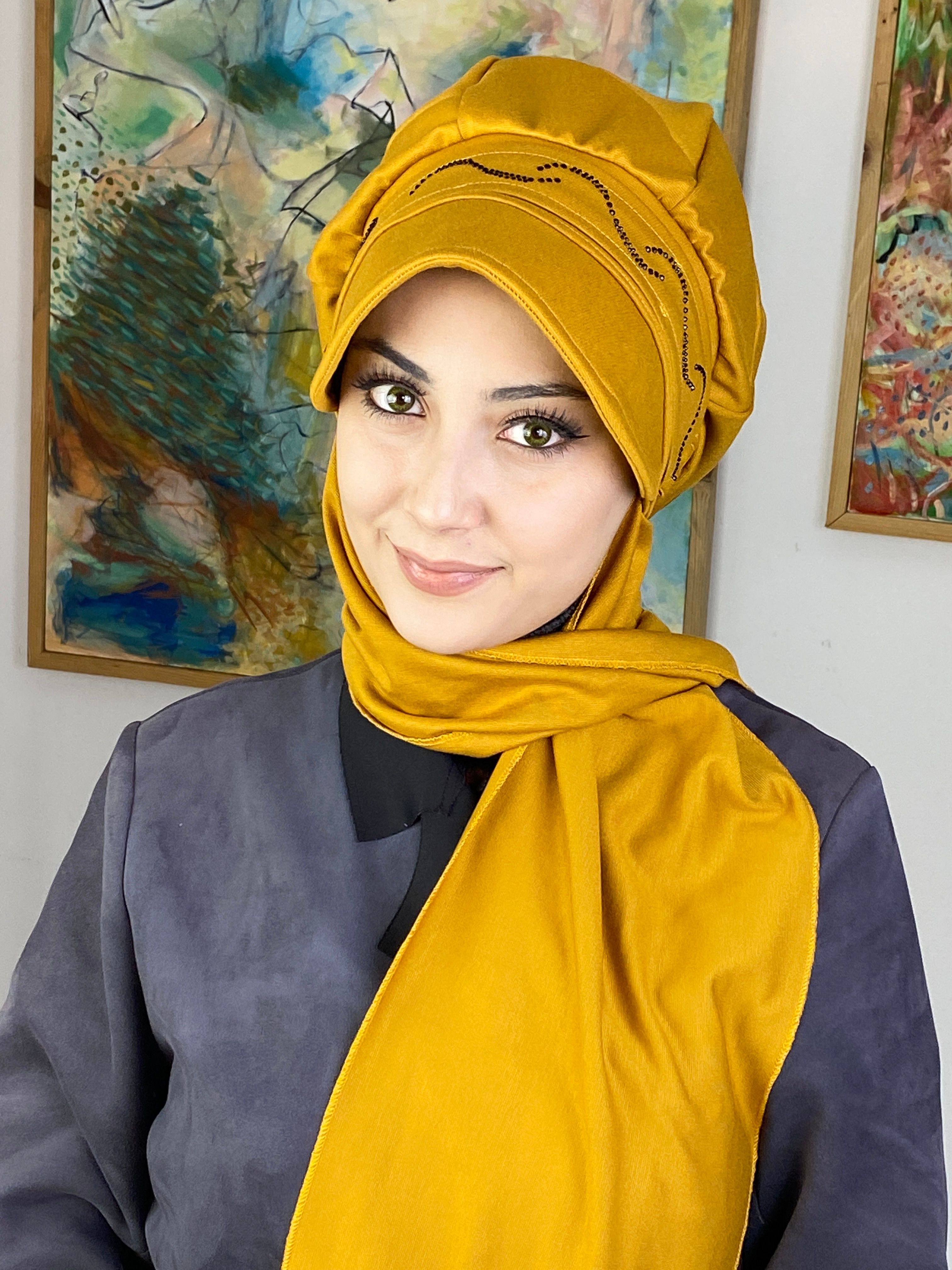 Taş Detaylı Şapka Şal - açık hardal