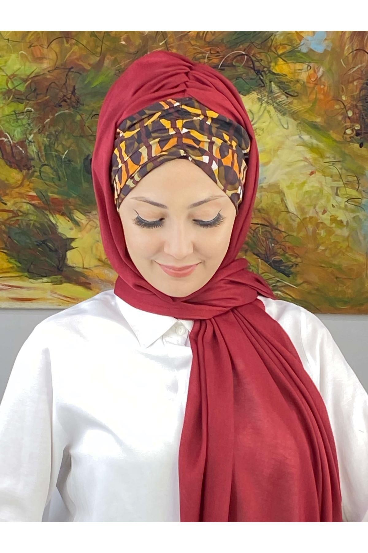 Geometrik Desenli Bordo Büzgülü Hazır Şal