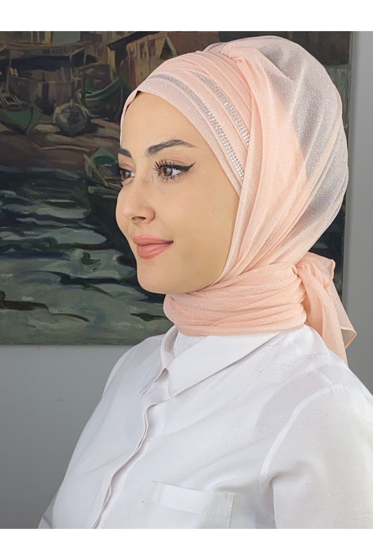 Gümüş Taşlı Drape Detaylı Simli Şal