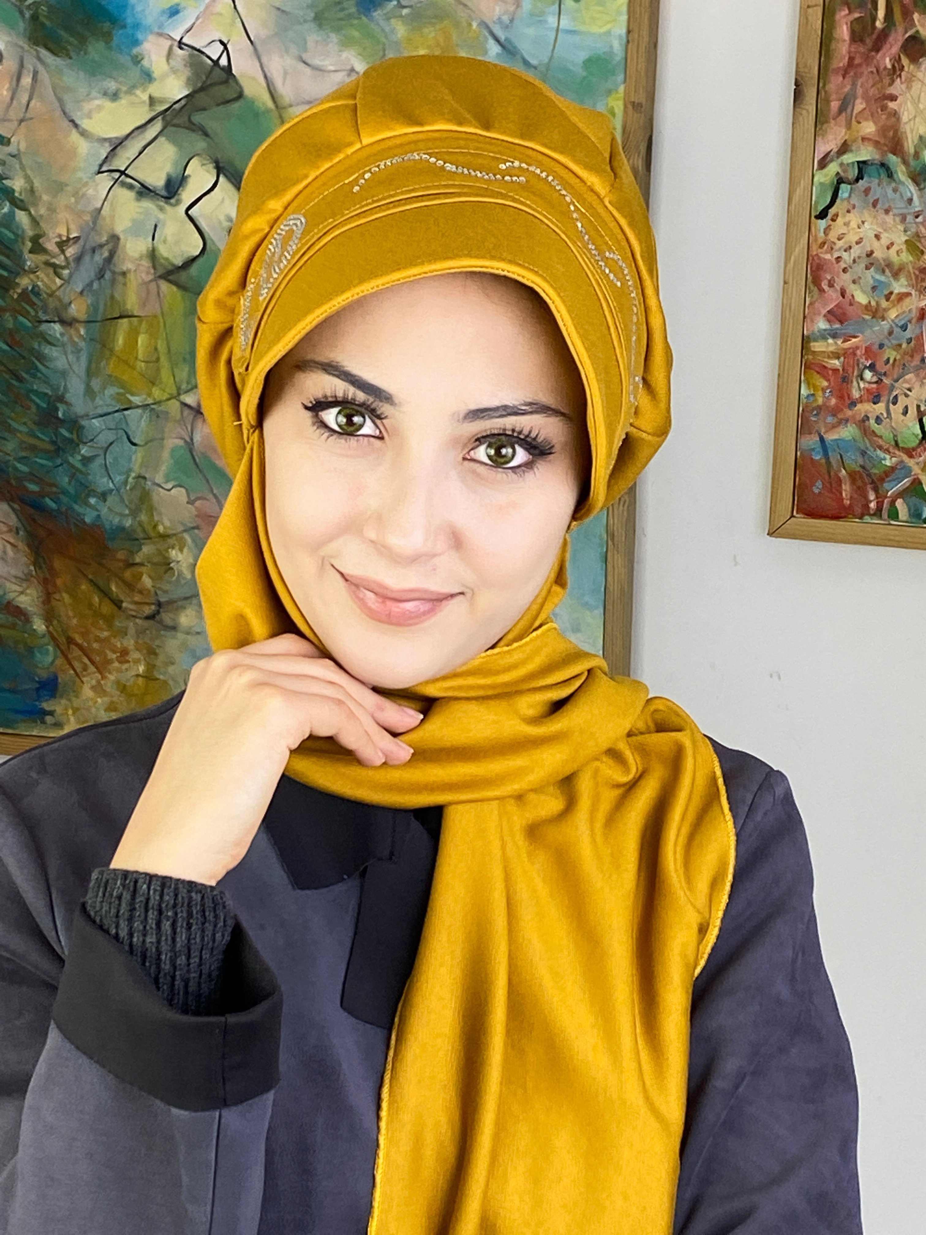 Taş Detaylı Şapka Şal - açık - hardal