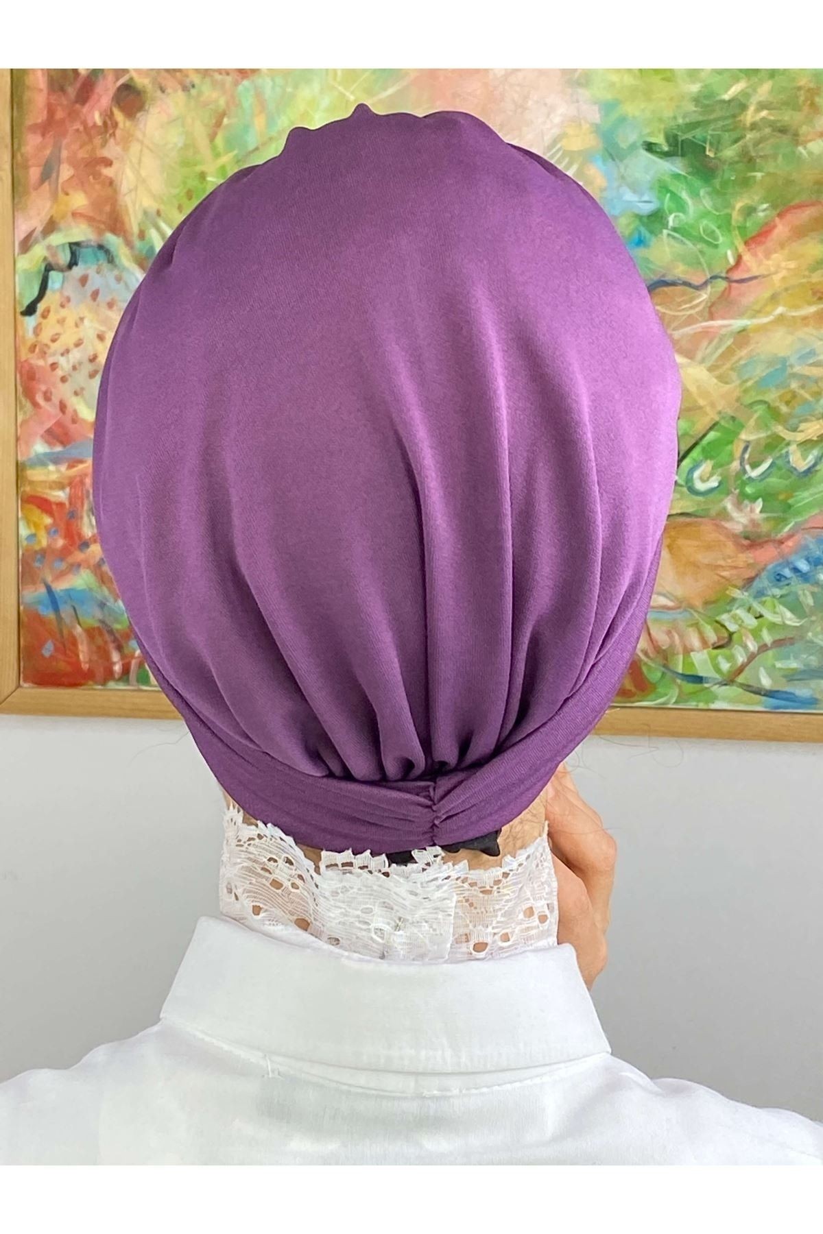 Mor Krep  Büzgülü Taşlı Bone