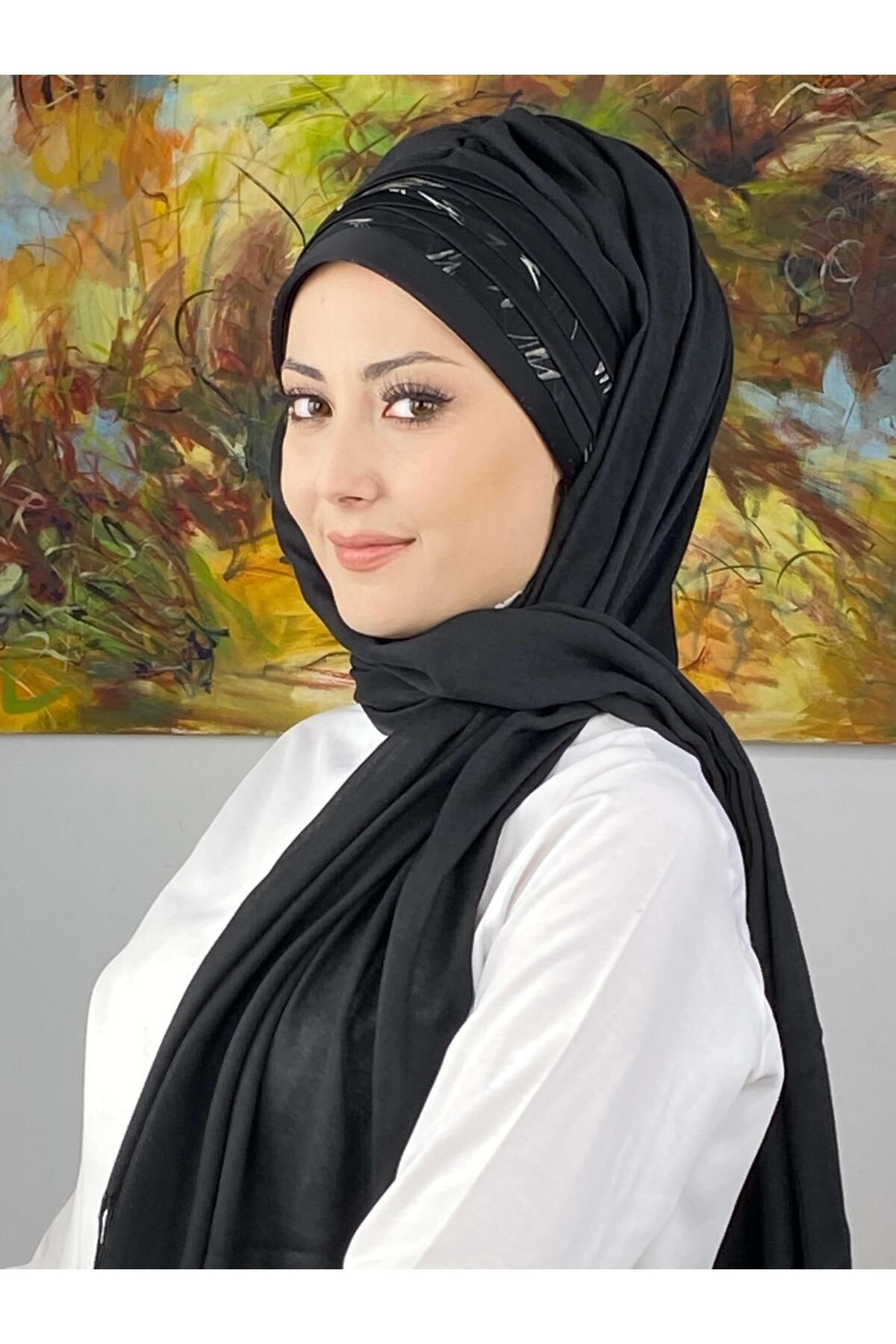 Topkapı Model Çapraz Drapeli Şifon Şeritli Desen Hazır Şal