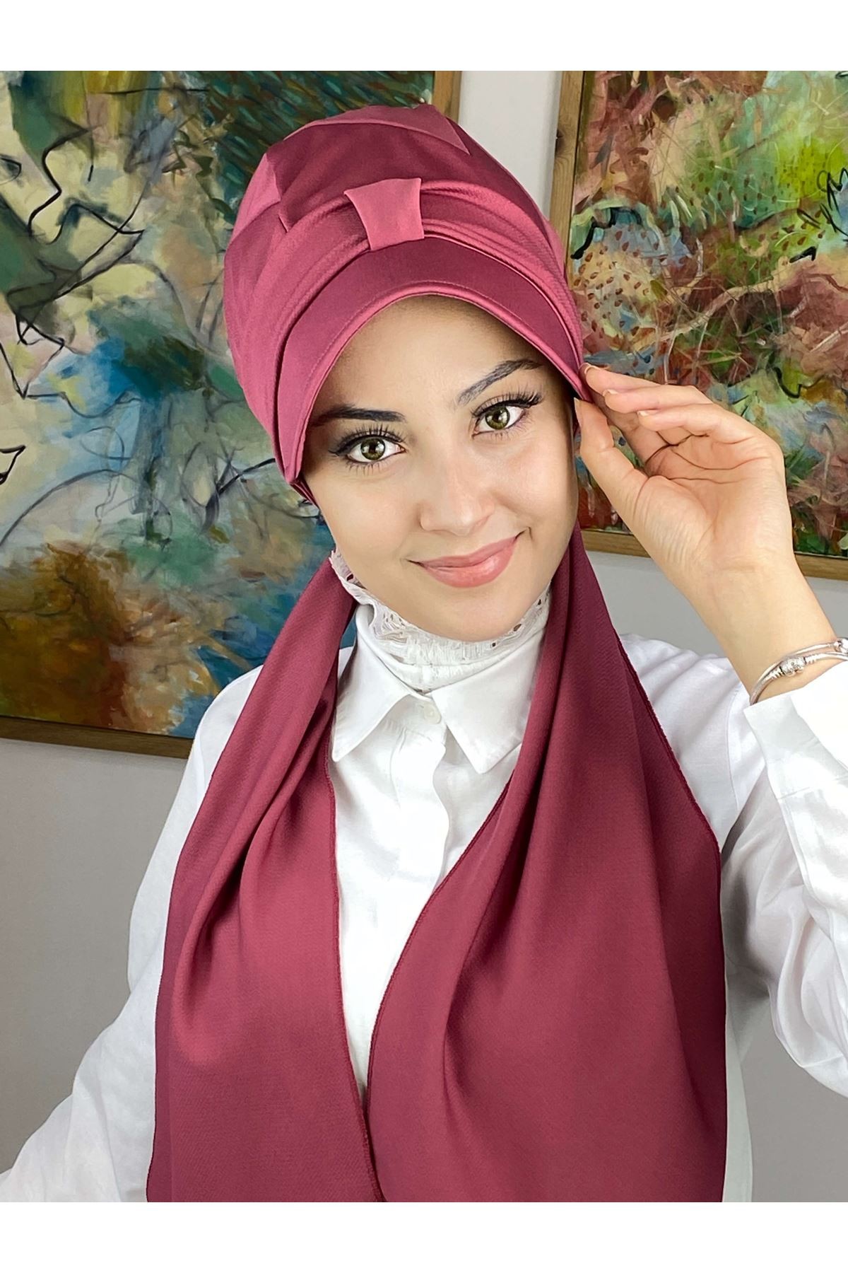Açık Vişne Rengi Kendinden Fularlı Şapka