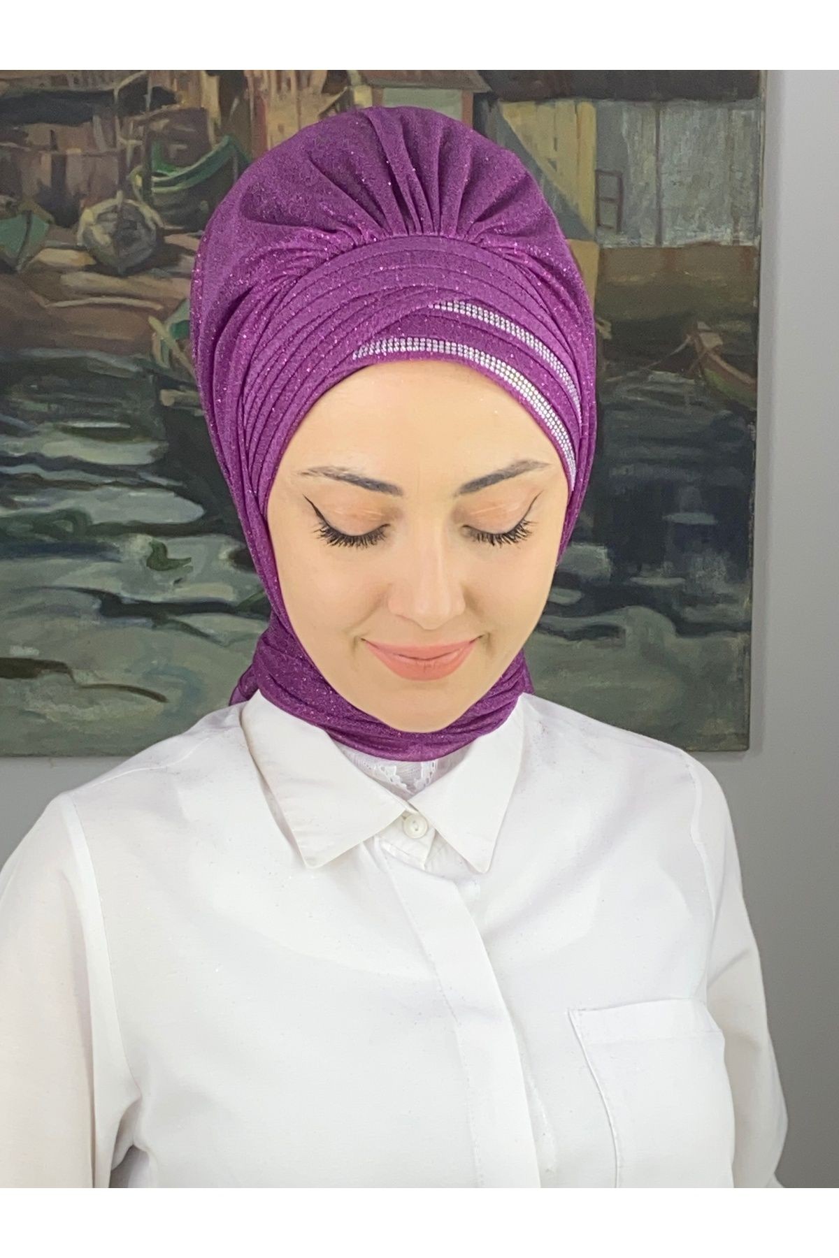 Gümüş Taşlı Drape Detaylı Simli Şal