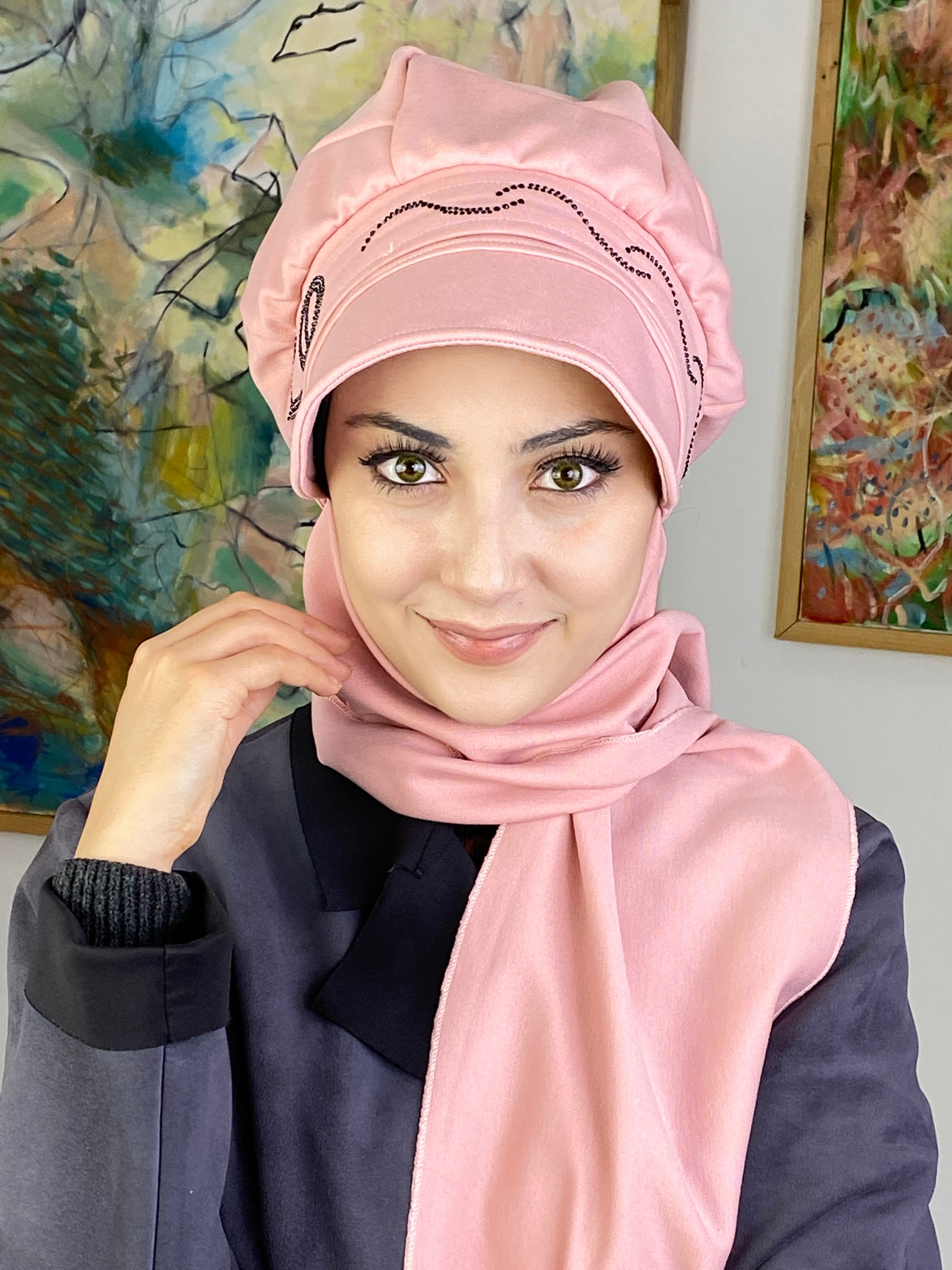 Taş Detaylı Şapka Şal - toz pembe