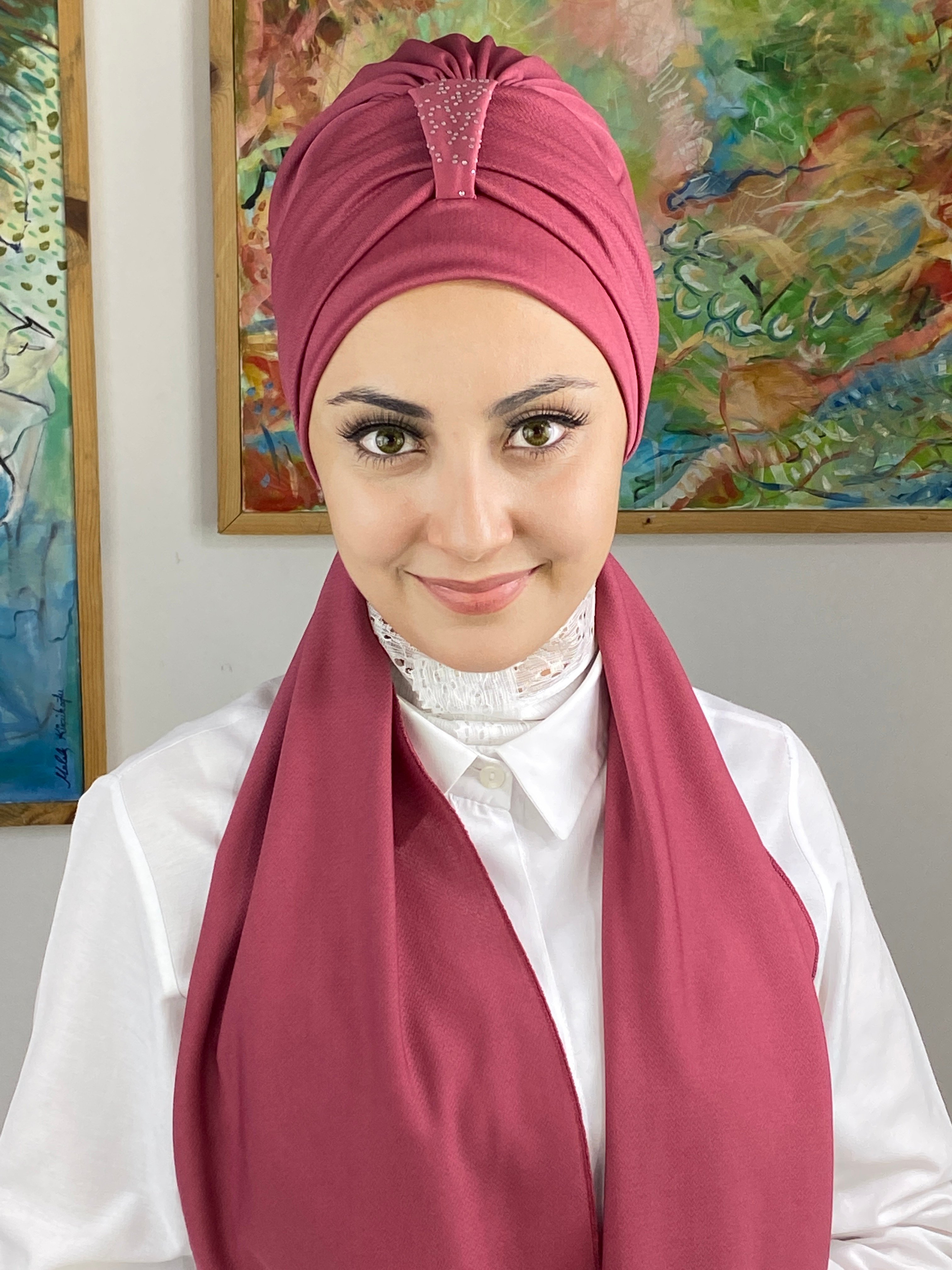 Hürrem Model Atkılı Biritli Bone - koyu gül kurusu