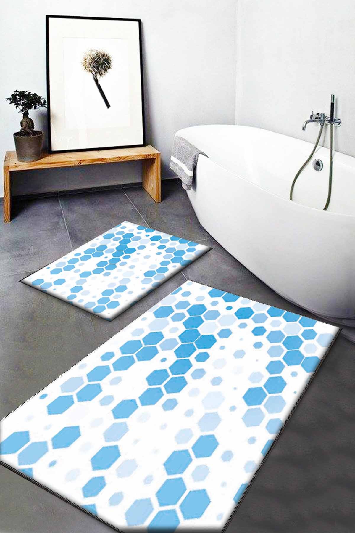 Mavi Şekiller İkili Banyo Paspas Takımı