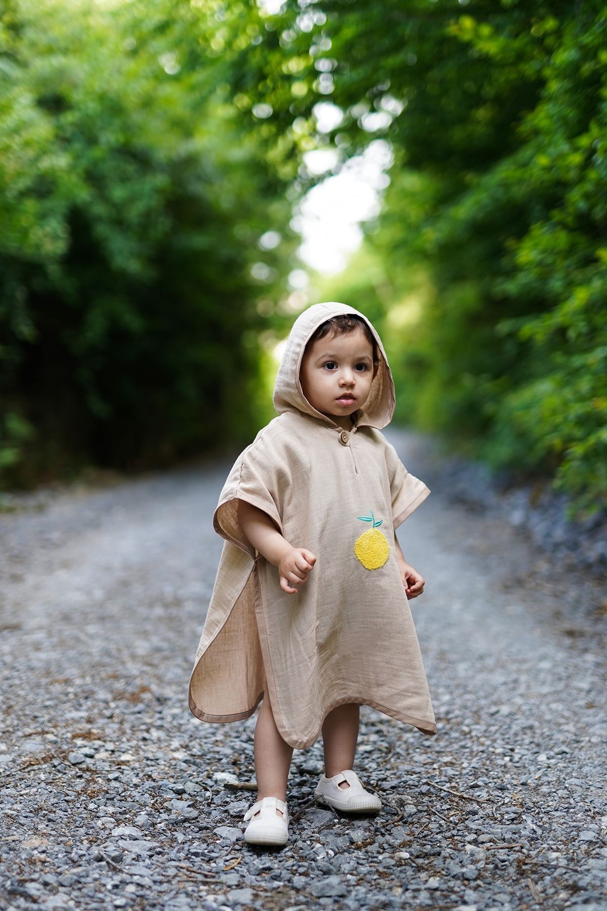 Organik %100 Pamuk Limon Nakışlı Müslin Kapşonlu Plaj Çocuk Bebek Panço Bornoz Banyo Havlu