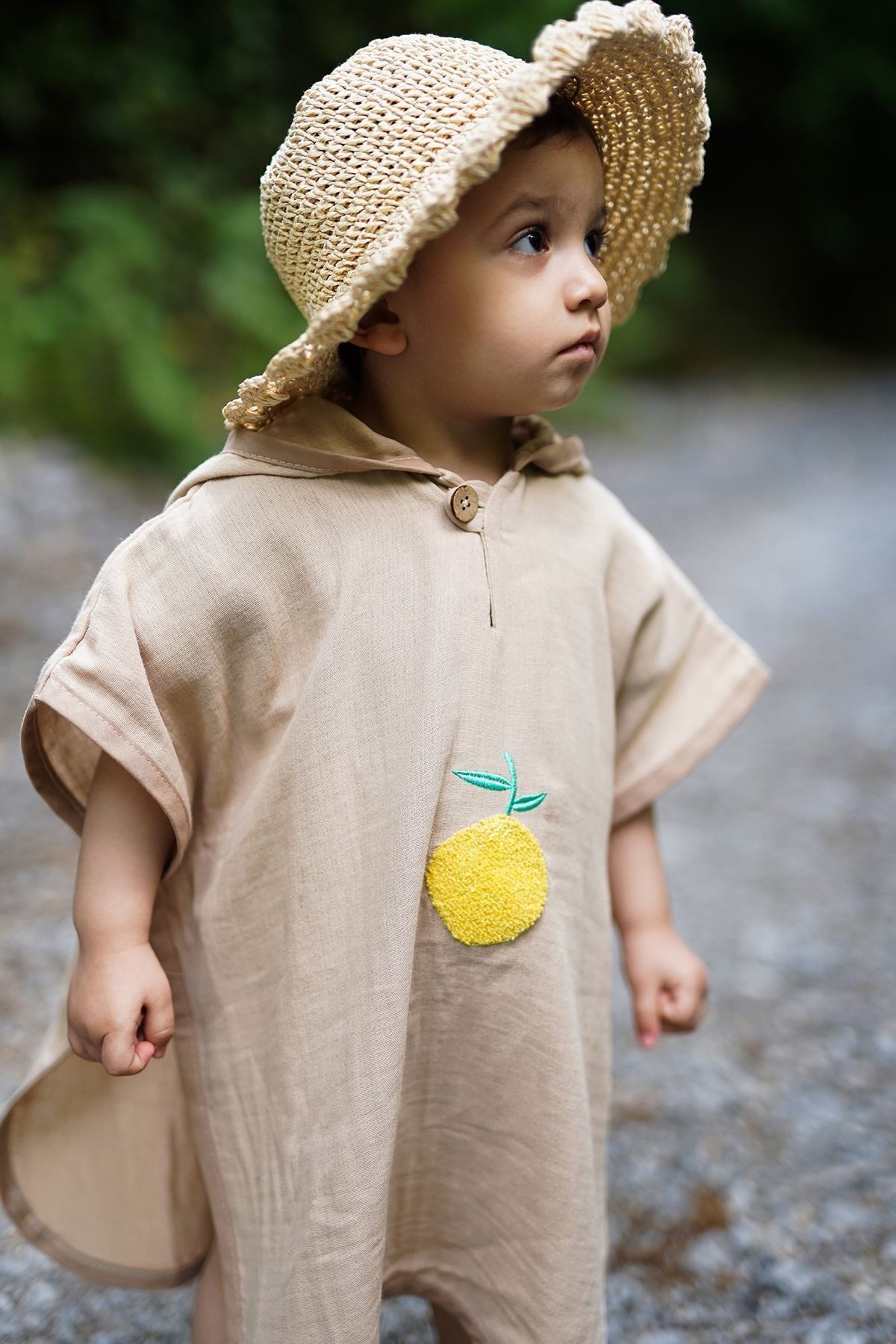 Organik %100 Pamuk Limon Nakışlı Müslin Kapşonlu Plaj Çocuk Bebek Panço Bornoz Banyo Havlu