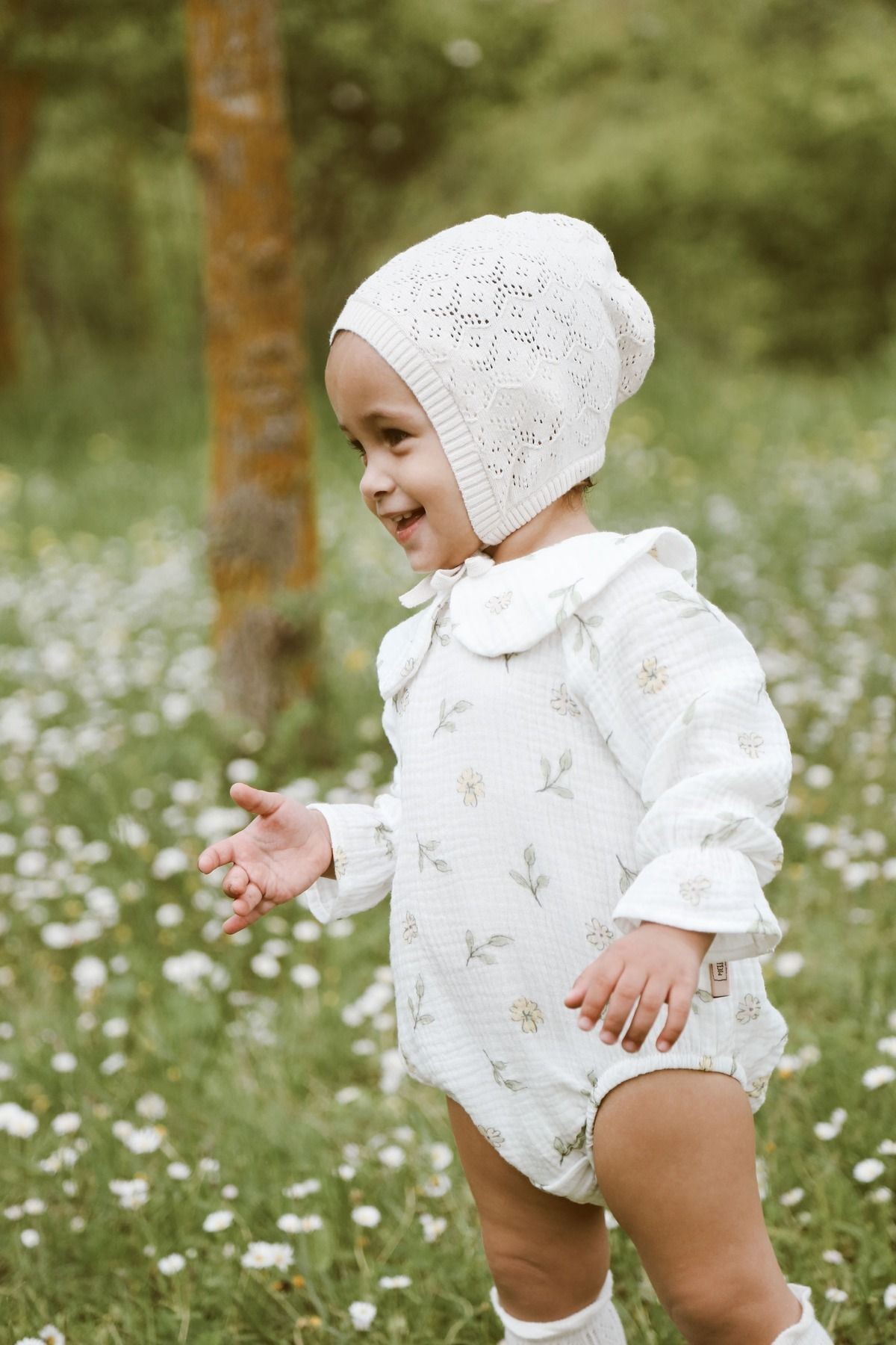 Organik %100 Pamuk Çiçek Desenli Müslin Bebek Çocuk Yakalı Tulum Zıbın