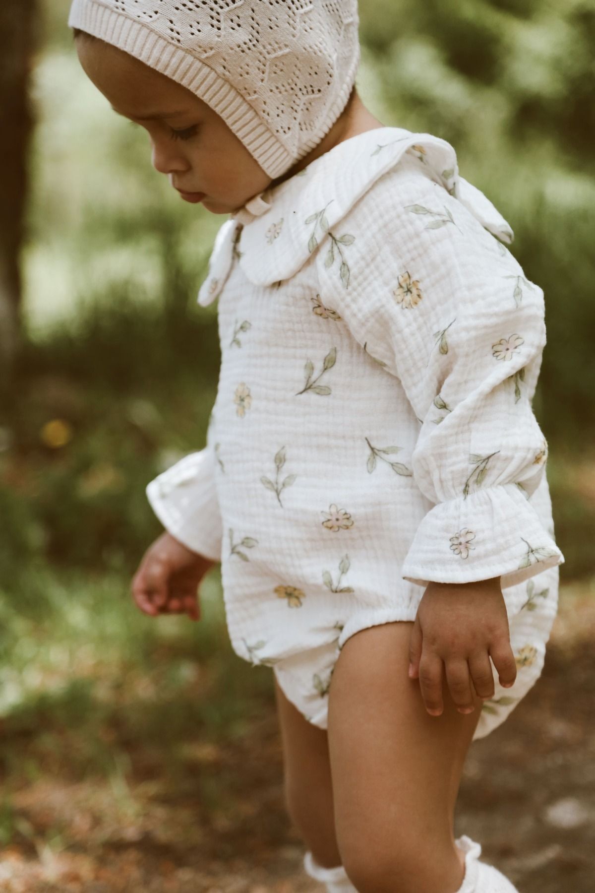 Organik %100 Pamuk Çiçek Desenli Müslin Bebek Çocuk Yakalı Tulum Zıbın