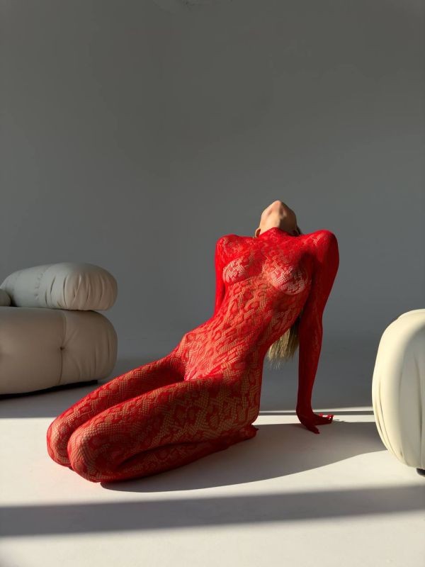 Kylie Leopar Vücut Çorabı - KIRMIZI