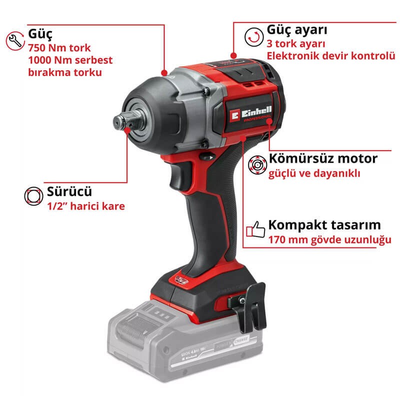 Darbeli Somun Sıkma Makinesi Akülü (Akü Hariç) (EINHELL 4510065 TP-CW 18/750-C Li BL Solo)