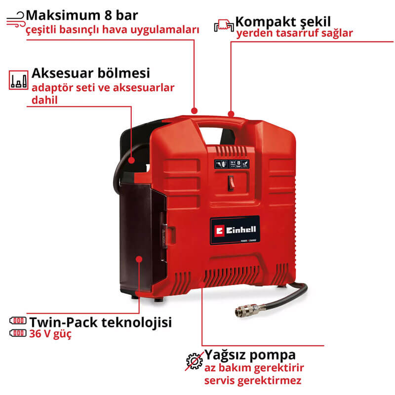 Hava Kompresörü Akülü (Akü Hariç) (8 Bar) (EINHELL 4020440 TE-AC 36/8 Li OF Set Solo)