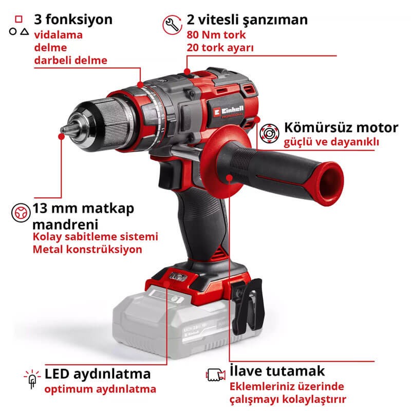 Darbeli Matkap Akülü (80 Nm) (EINHELL 4514305 TP-CD 18/80 Li-i BL Solo)